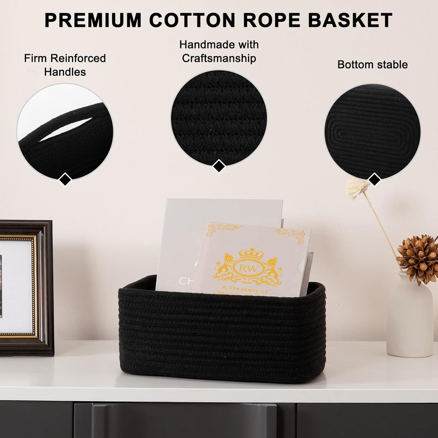 4 Pack Small Storage Shelf Baskets for Organizing, Mini Woven Rope Storage Bins for Towels, Cute Decorative Closet Organizer,Baby Nursery, Gift Empty Baskets -13''Lx8.66''Wx5.11''H-Black