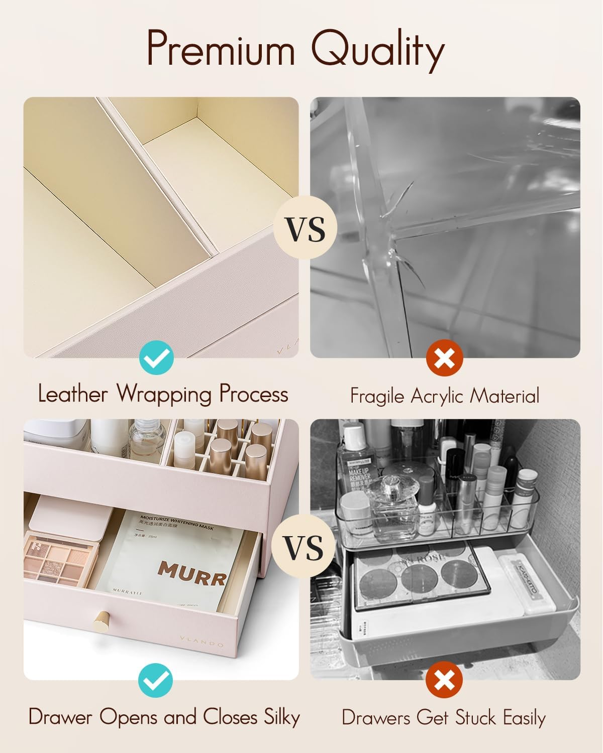 Vlando Makeup Organzier,Vanity Organizer with Drawers, PU Leather Skincare Organizer Perfume Organizer,Large Cosmetic Display Case for Lipstick,Brushes Gifts for Women-Apricot White