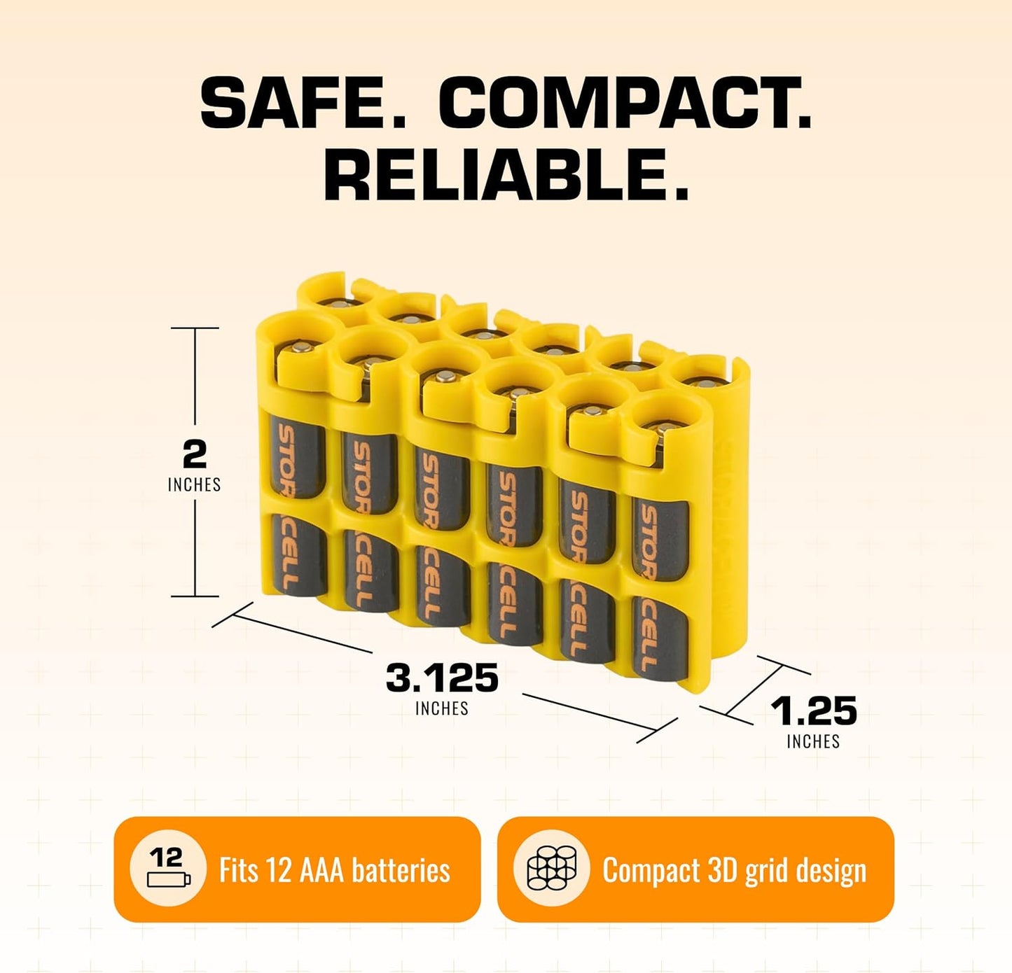 AAA Battery Storage Caddy by Storacell, Yellow, Holds 12 Batteries (Not included)