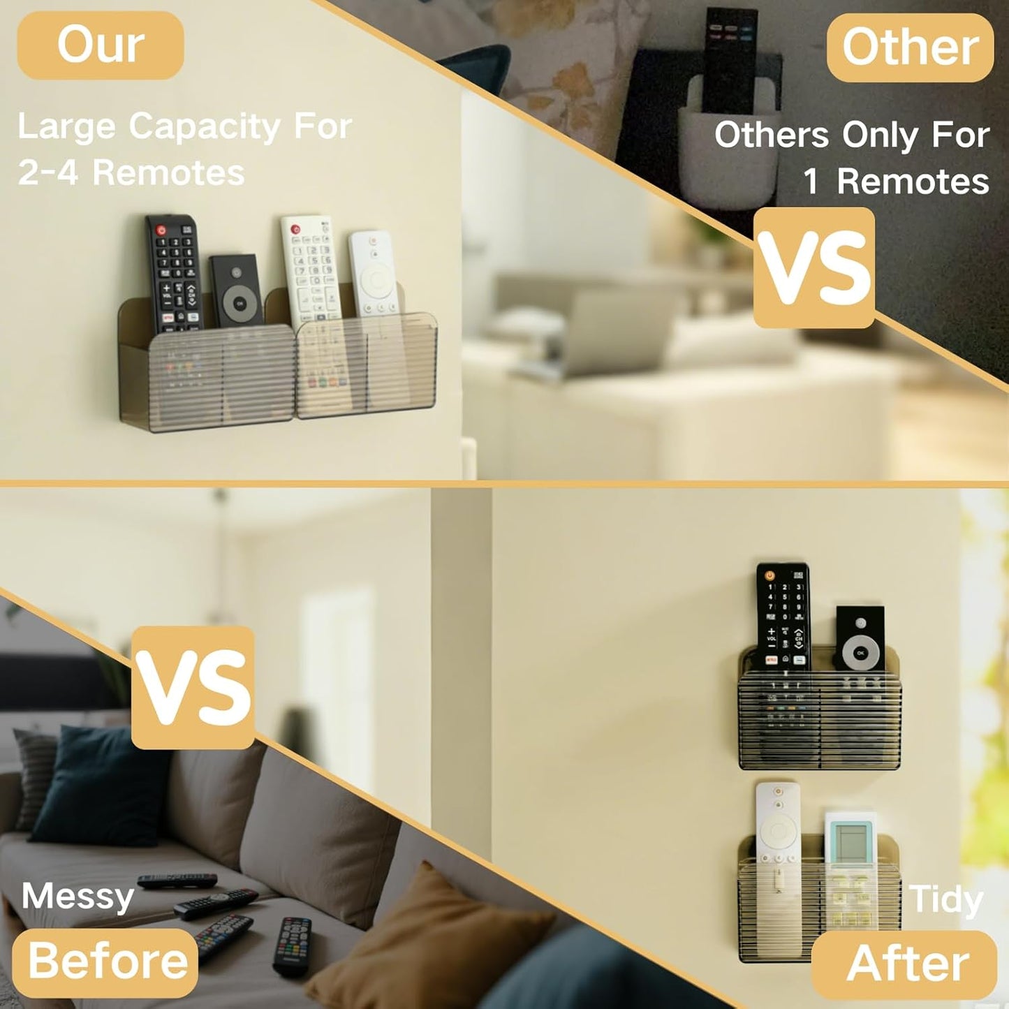 LINFIDITE Adhesive TV Remote Control Holder Wall Mount TV Remote Holder For Bedside Wall Remote Control Caddy Storage Organizer Stand Box (For 2 Or 4 Remote Controls –Clear Brown – Quantity 1)