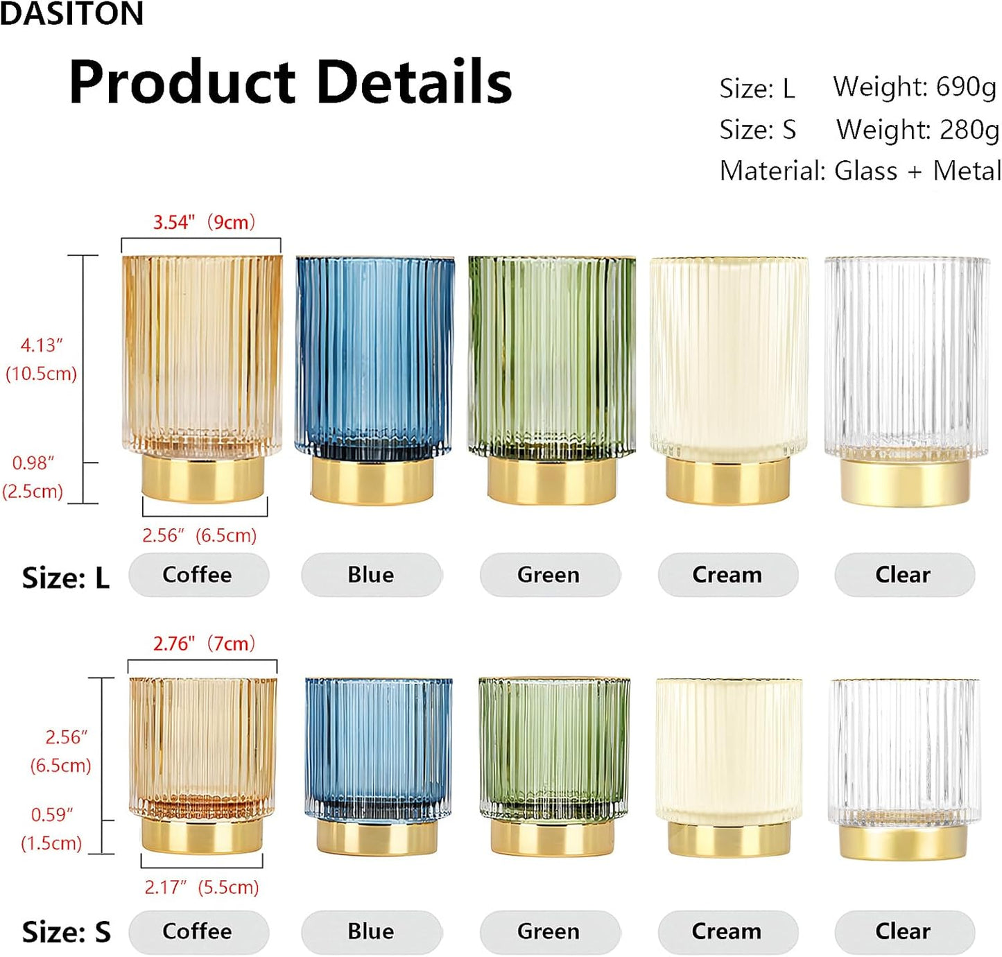 DASITON Makeup Brush holder Organizer,Crystal Cosmetic Makeup Brush Glass Brushes Storage Holder, Vintage Make Up Brush Cup Pen Pencil Holder striped vase(Cream S+L)