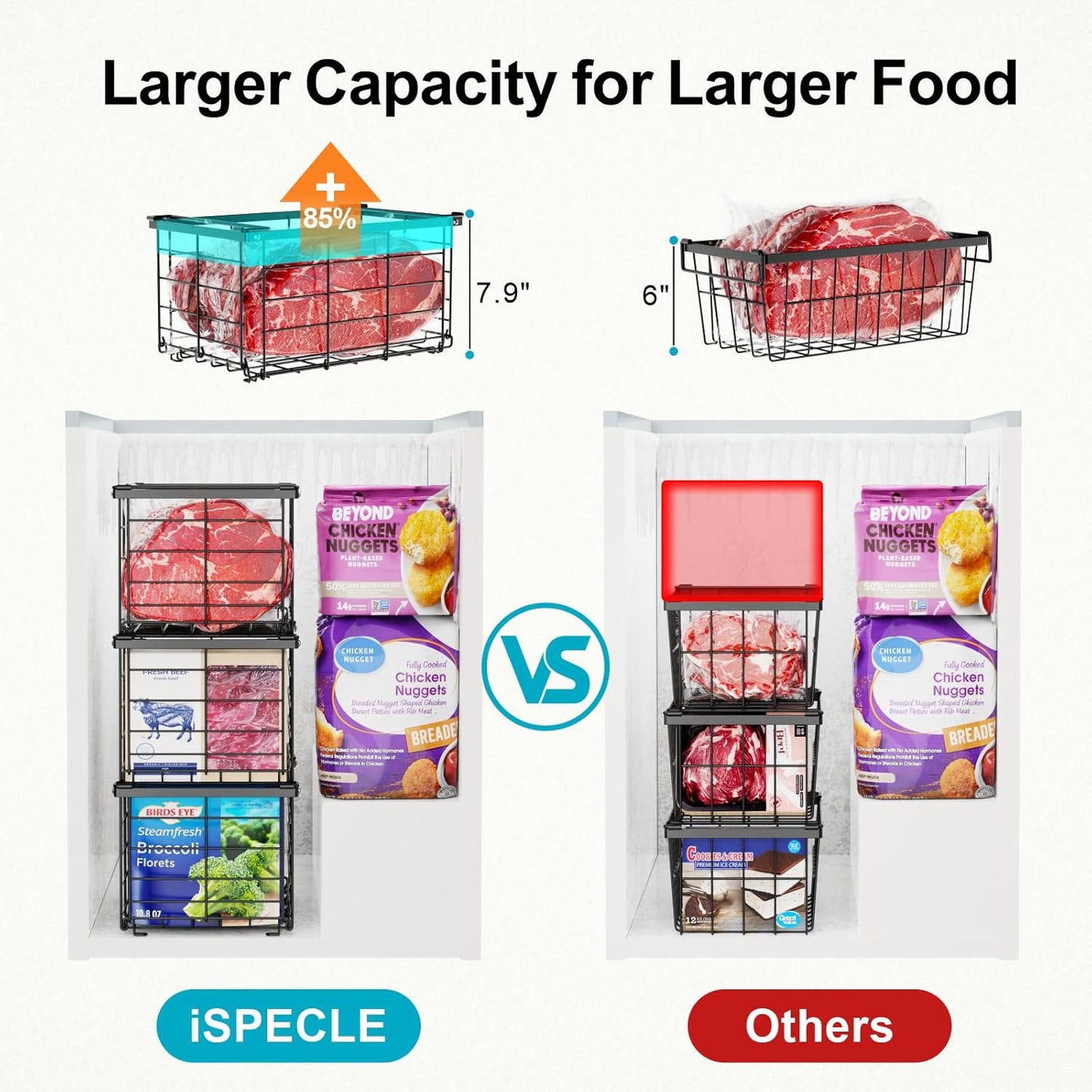 iSPECLE Deep Freezer Organizer Bins - 4 Pack Large Freezer Organizer for 5 to 7 Cu.Ft Chest Freezer, Stackable Easy Access Food No More Digging, Sturdy Metal Wire Basket Not Scratch Bottom, Black