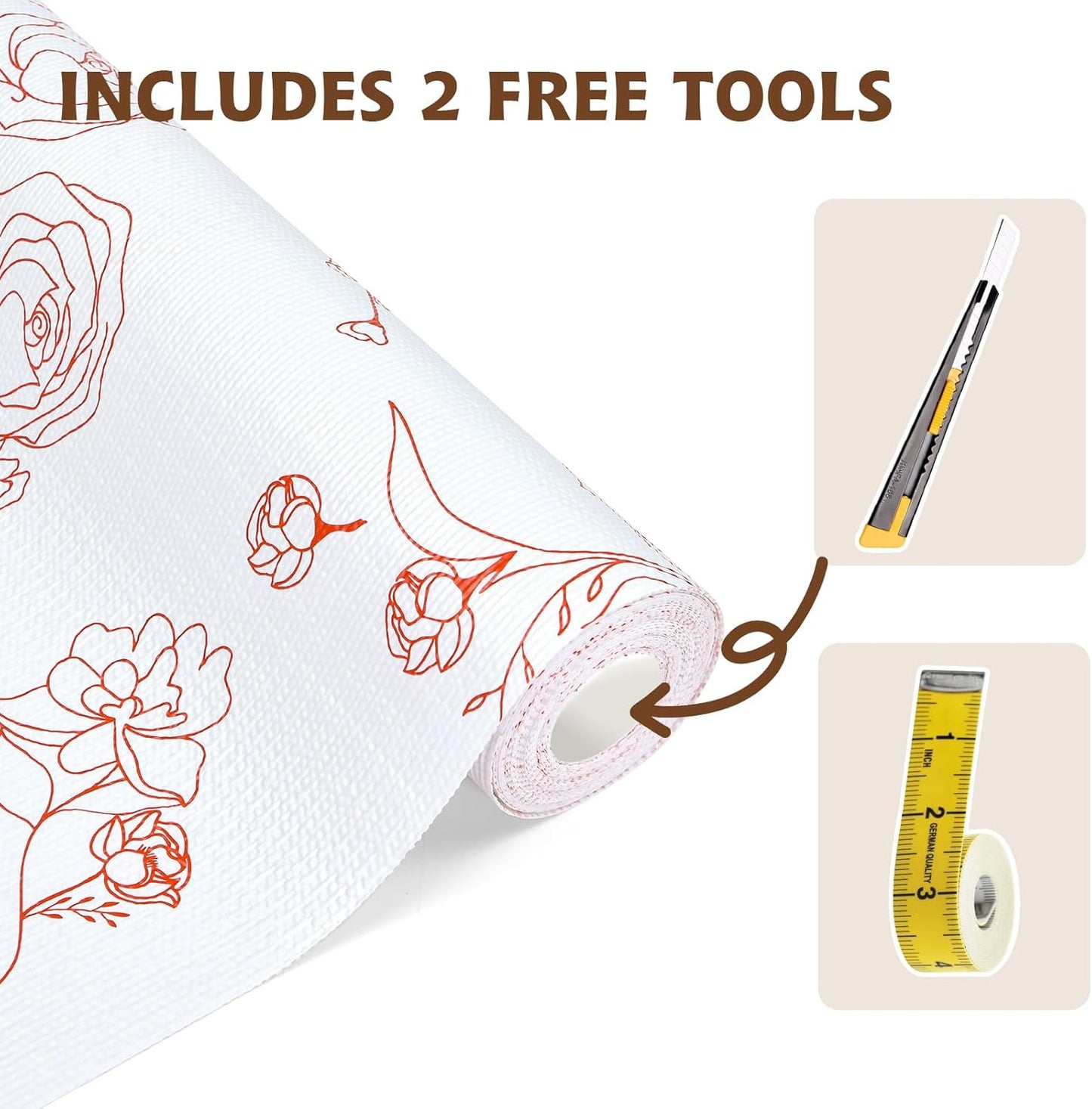 Shelf Liners for Kitchen Cabinets 12in x 20FT Non Adhesive Drawer Liner Red and White Floral Thickened Shelf Liner Paper Strong Non-Slip Easy to Clean for Tool Box with Knife and Tape Measure