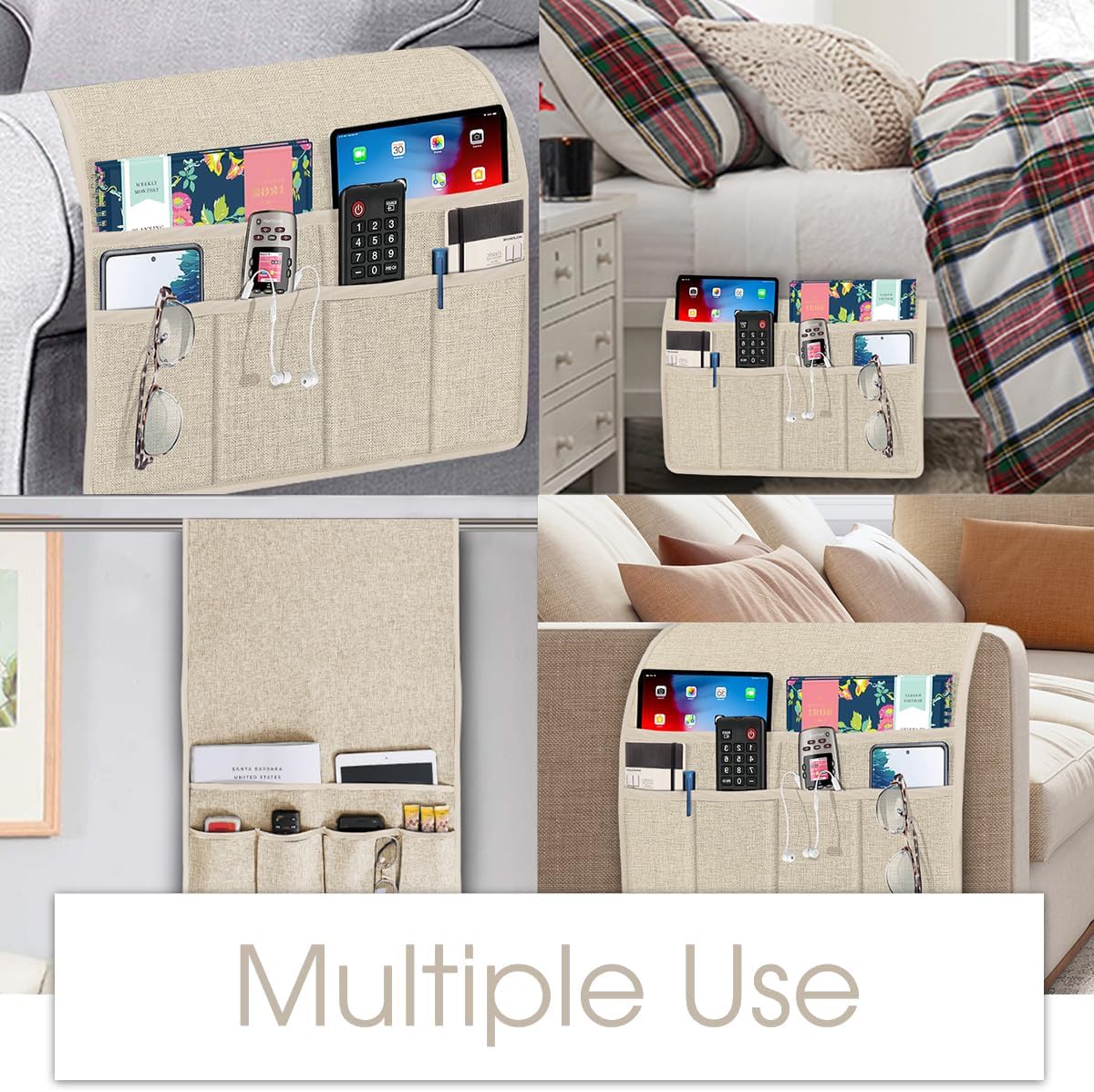 Joywell Beige Remote Control Holder Recliner Armchair Caddy Couch Caddy Sofa Armrest Organizer Linen Fabric Tan Taupe Sofa Arm Chair Caddie with 6 Pocket Storage for Magazine, Tablet, Phone, iPad
