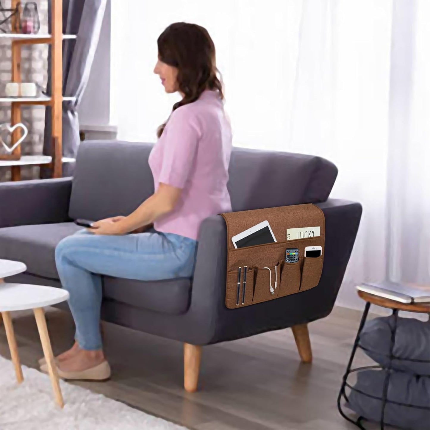 NB Sofa Armrest Organize remote holder bedside caddy organizer with 5 pockets,non-slip couch remote control holder couch armchair caddy accessories (Brown, 35''x18'')
