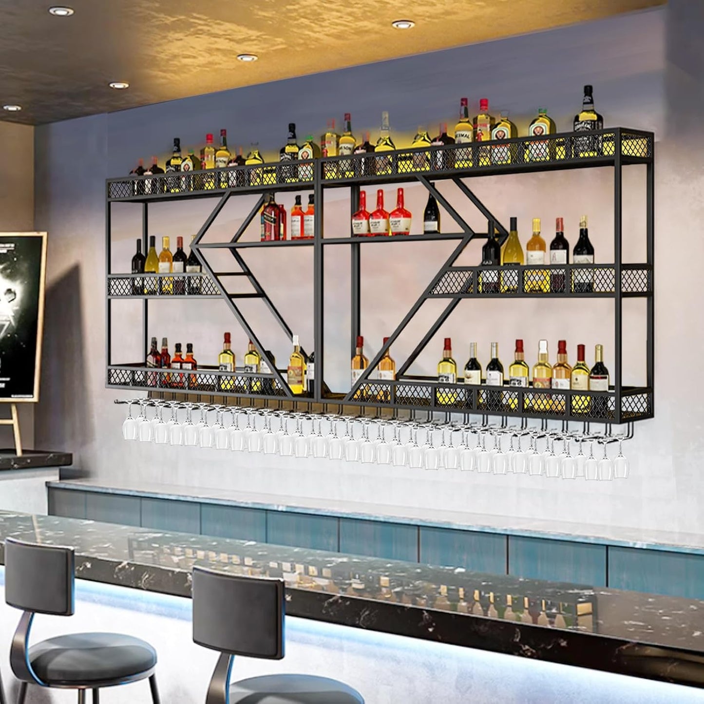 78.7in Wine Rack Wall Mounted, Modern Wine Storage Rack Wall Mounted with Wine Glass Holder, Liquor Shelf, Bar Shelves for Liquor Bottles (3TIERS Gold, 78.7 * 7.87 * 33.85INCH)