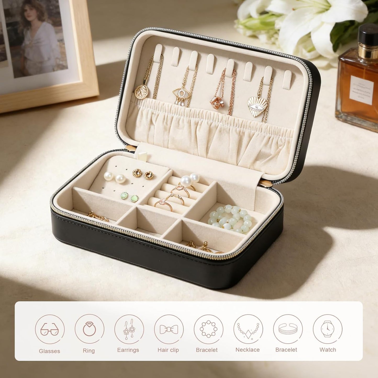Portable Jewelry Organizer for Travel Compact Leather Jewelry Box with 8 Hooks, Earring Holder & Zippered Pouch, Ideal Gift for Women Black