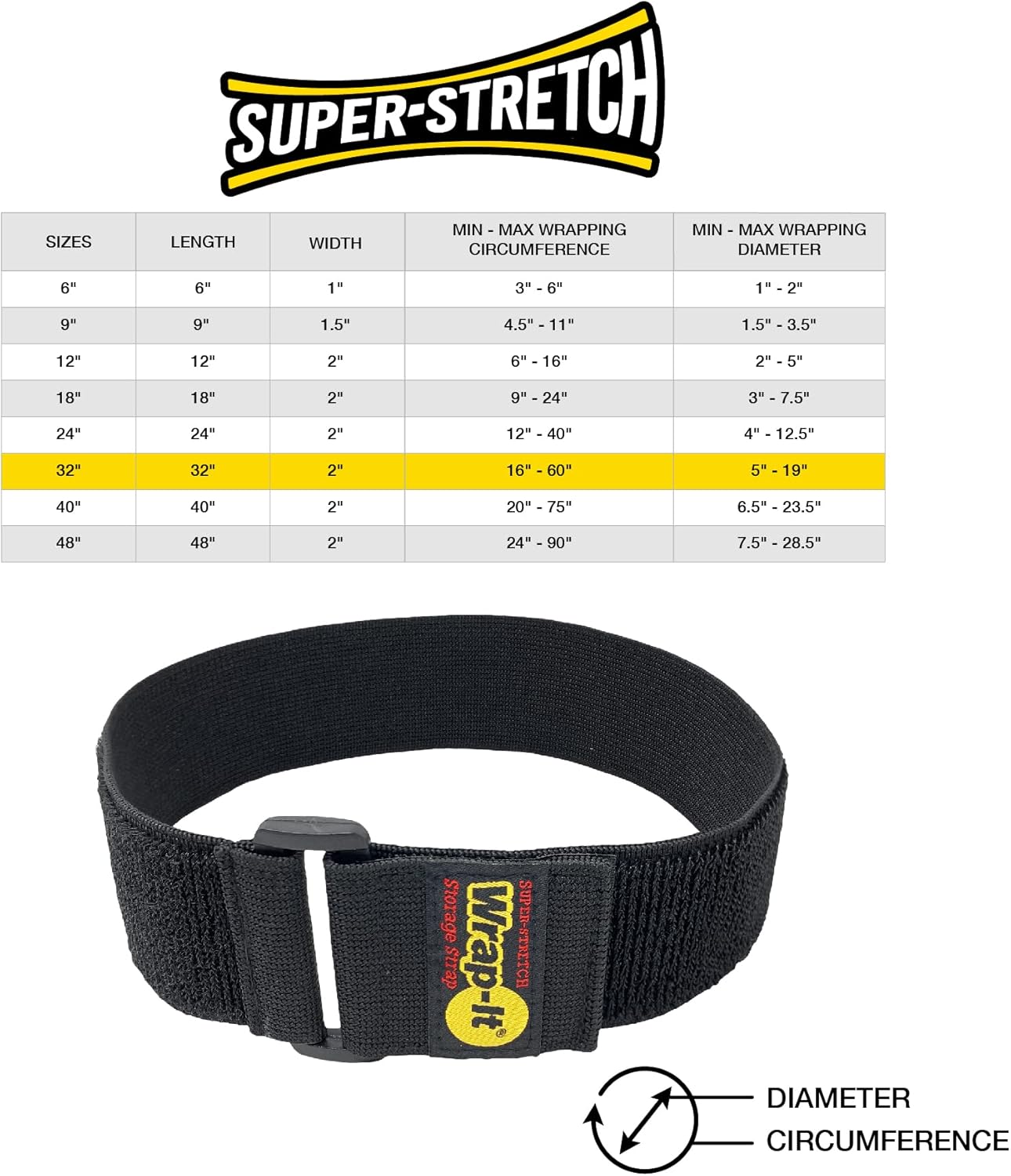 Super-Stretch Wrap-It Storage Straps, 32-in x 2-in (4-Pack) - Elastic Hook and Loop Cinch Straps - Pool Hose and Cable Straps, Garage and RV Storage Accessories