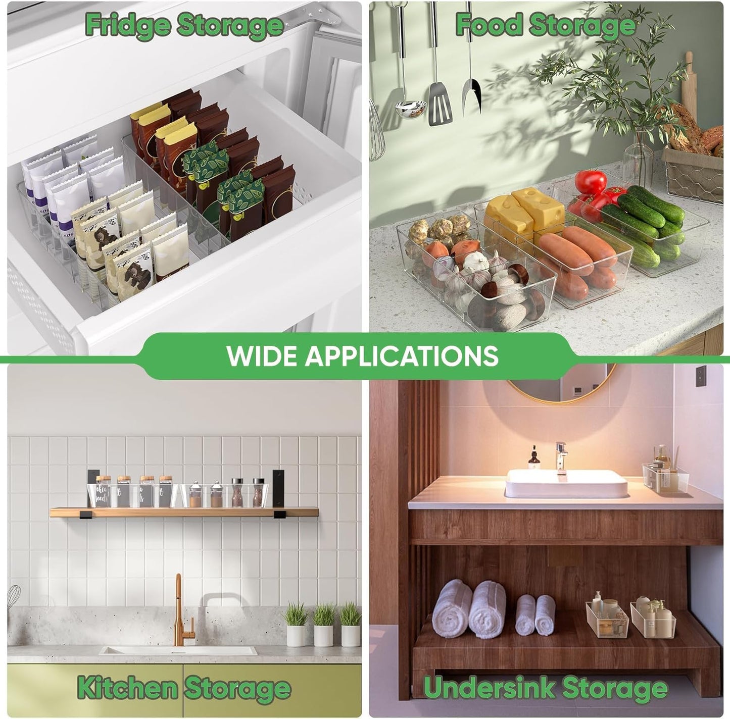 Pantry Organizers and Storage,Kitchen Organizers and Storage for Fridge,Drawer and Refrigerator - Spice Organization for Cabinet,Clear Plastic Stackable Storage Organizer Bins with 3 Dividers (3 Pcs)