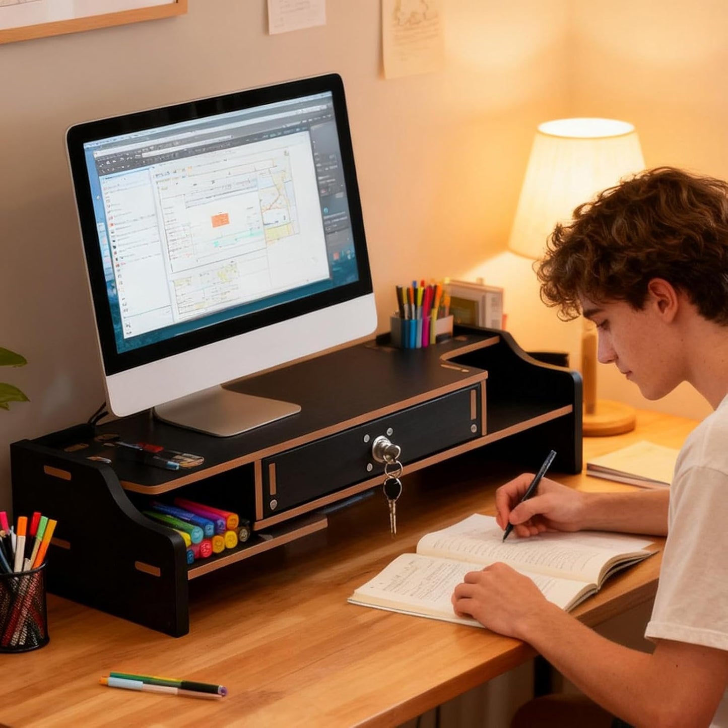 Desktop Computer Elevated Stand 48.8x20x10.5cm, Wooden Monitor Riser with Drawer, Organizer Shelf for Laptop, Printer, PC, TV Screen, Home, Dorm, Office