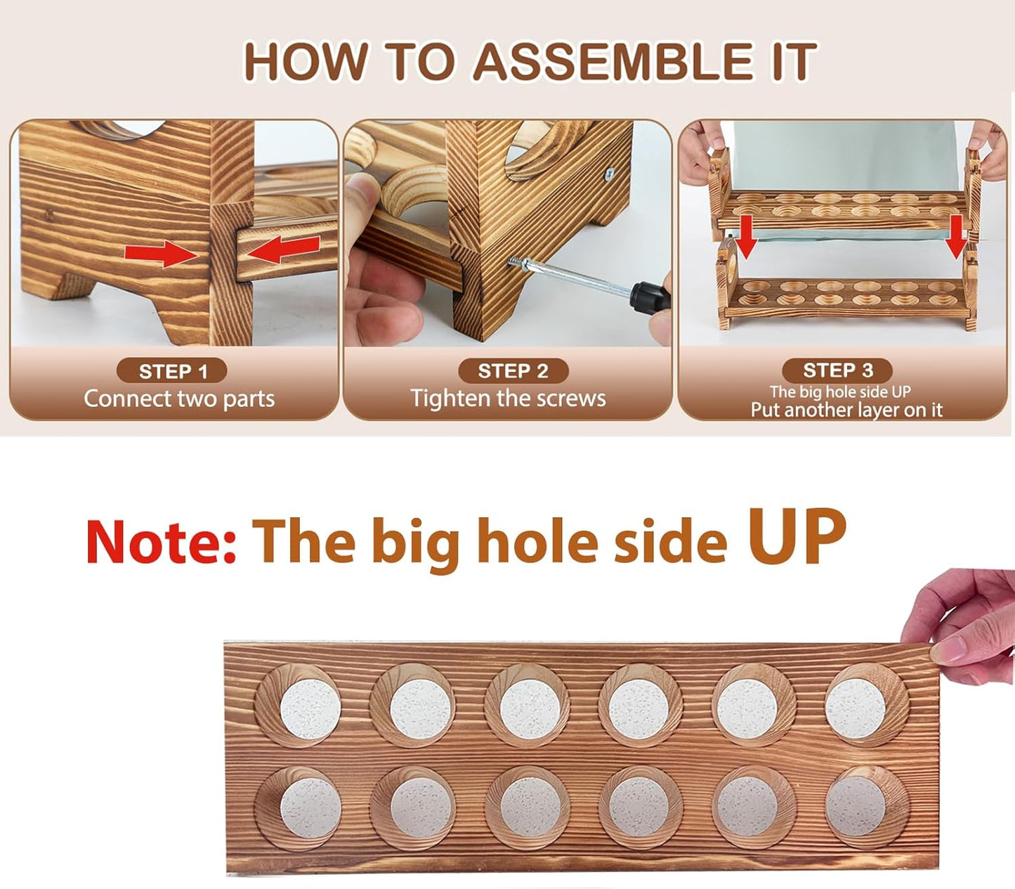 Wooden Egg Holder Countertop, Stackable Wooden Egg Storage & Organizer, 2-Tier /24-Hole Farmhouse Eggs Rack Wood with Handle for Fresh Eggs to Store Chicken/Duck/Quail/Turkey/Easter Egg