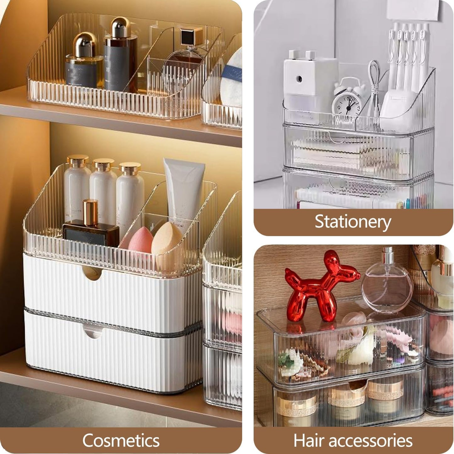 Medicine Cabinet Organizer 3 Tier, Stackable Bathroom Mirror Cabinet Storage,Small Makeup Organizers with 2 Drawer and 1 Tray for Wall Cabinet, Closet, Vanity, Countertop, Clear White
