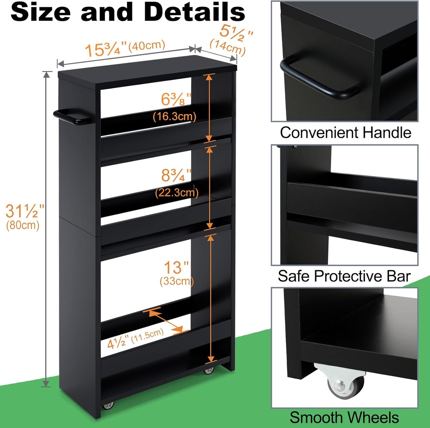 MARTY Slim Rolling Storage Cart 4-Tier Kitchen Cart with Wheels, Laundry Room Storage with Handle Slide Out Utility Cart Shelving Unit Organizer Trolley for Narrow Places Bathroom Small Corner, Black