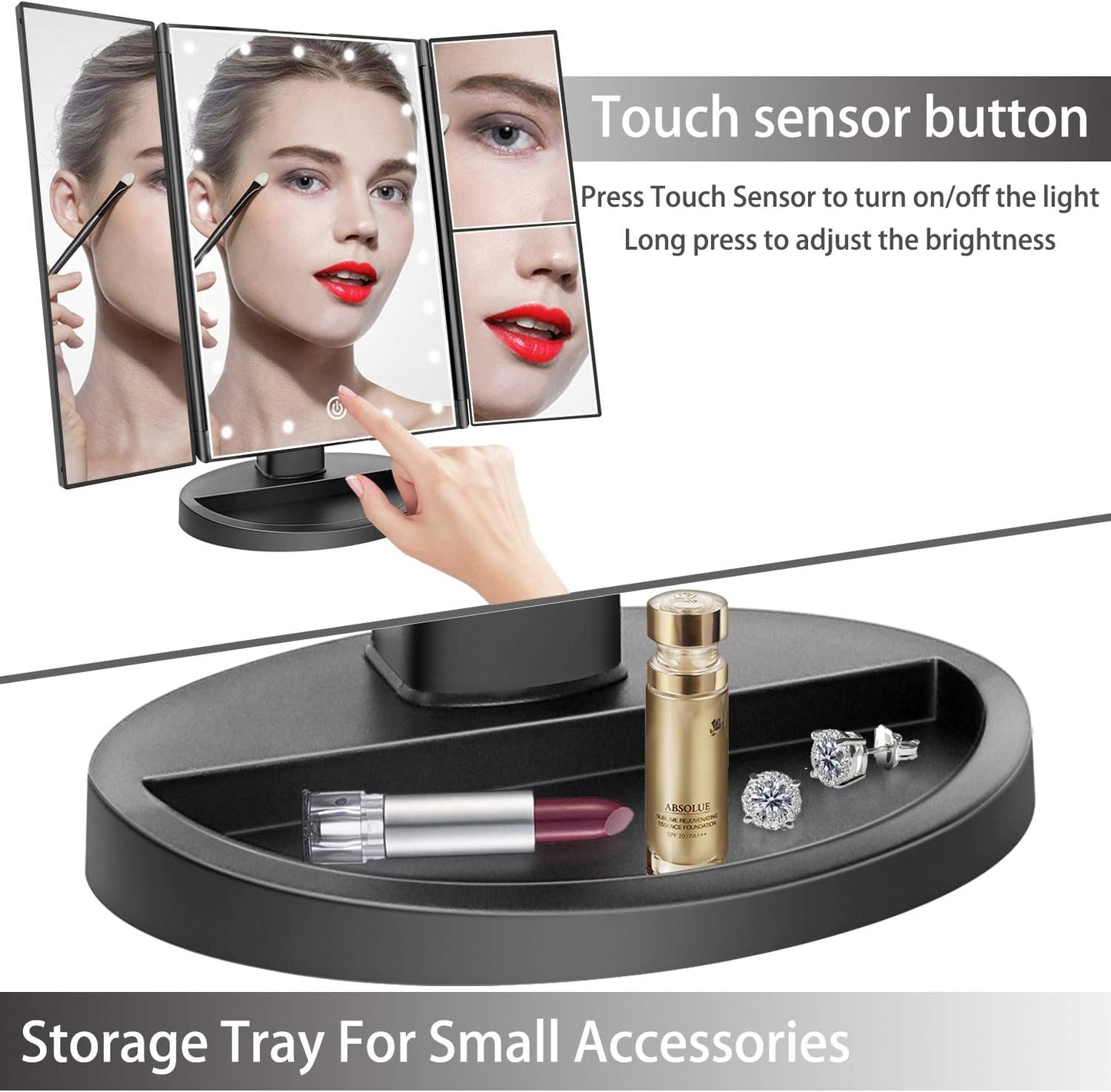 deweisn Tabletop Mount Trifold Lighted Vanity Mirror with 21 LED Lights, Touch Screen and 3X/2X/1X Magnification, Two Power Supply Mode Make up Mirror,Travel Mirror