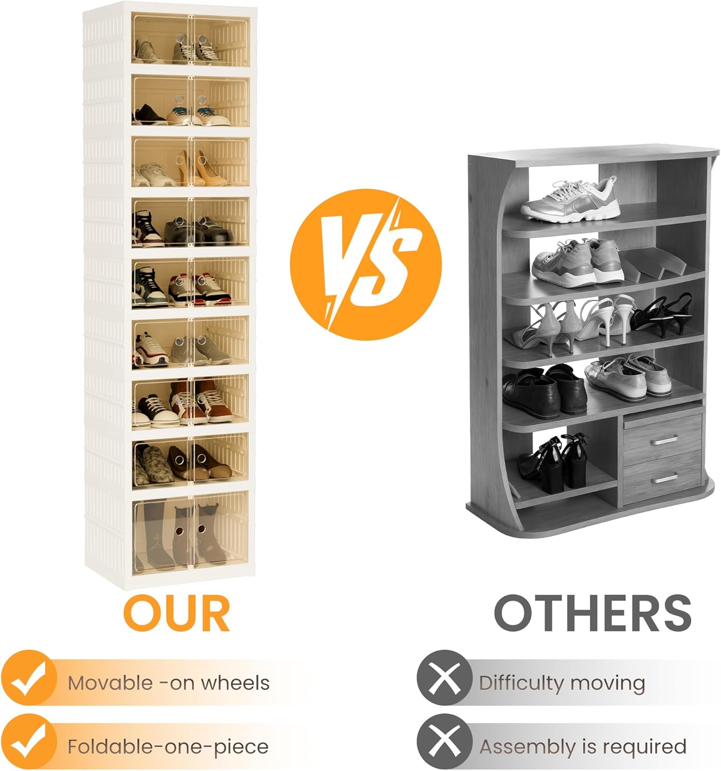 Foldable Shoe Organizer Storage Box, Portable Extra Large Folding Shoe Rack for Closet, Shoe Storage Box with Magnetic Transparent Door and Wheels, 9 Layers 18 Grids with 2 Big Grids