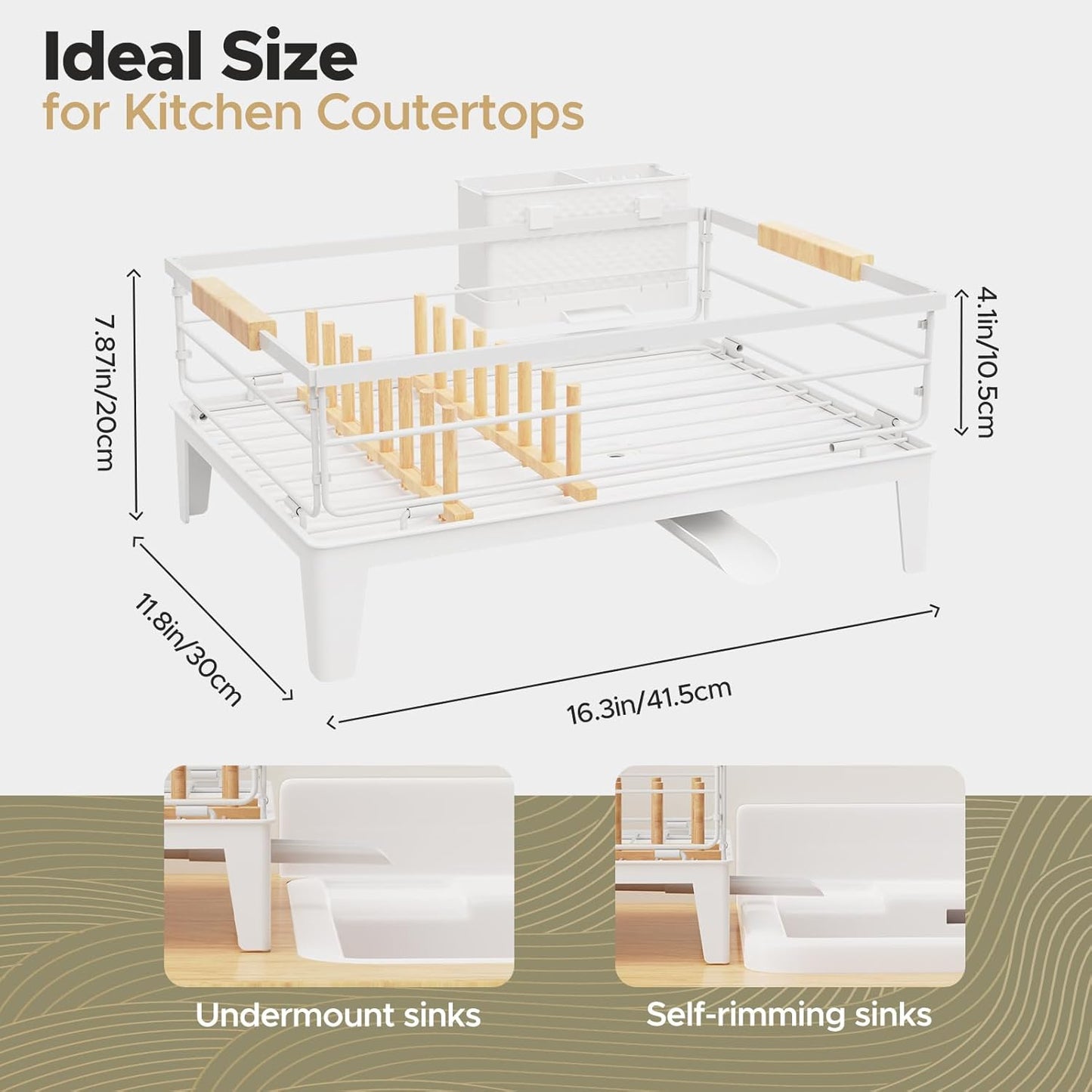 JYPS Dish Drying Rack for Kitchen Counter Decor with Drainboard Auto-Drain,Rustproof Dish Rack Drainers with Utensil Holder, Wooden Handles,360° Rotatable Drainer, Higher Legs (White)