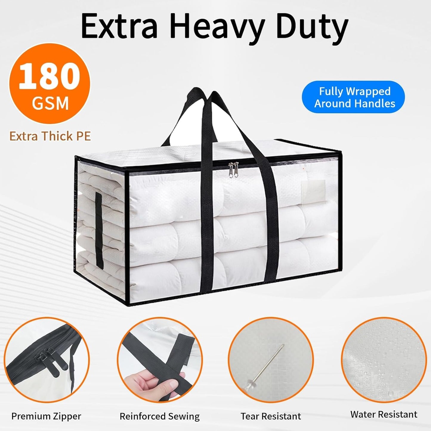 6 Pack-Extra Large Heavy Duty Moving Bags - Waterproof Storage Totes with Handles & Zippers, Foldable for College Dorm, Storage (Clear)