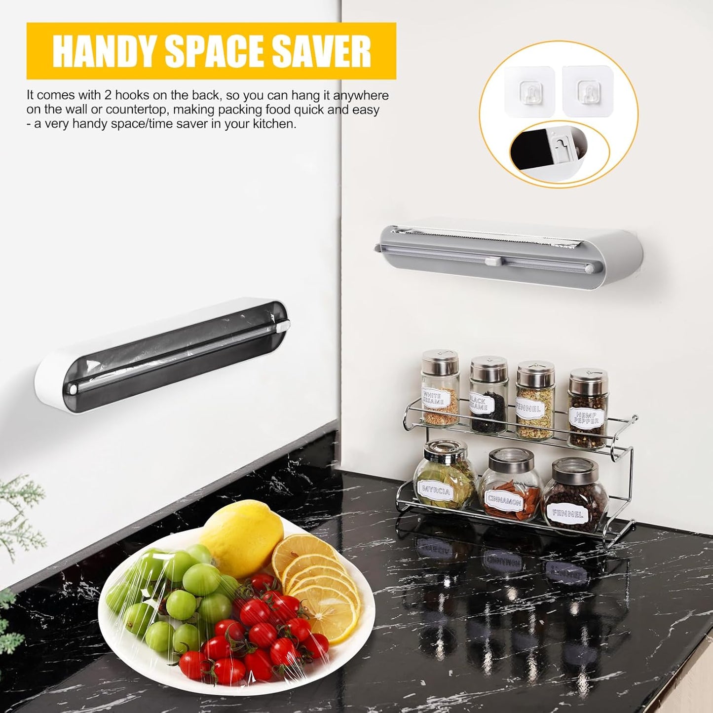 Aluminum Foil & Plastic Wrap Dispenser with Slide Cutter - Magnetic & No-Drill Wall Mount, Cling Film Dispenser for Worktops & Cabinets, Space-Saving Kitchen Organizer - Fits 12" Rolls, Black