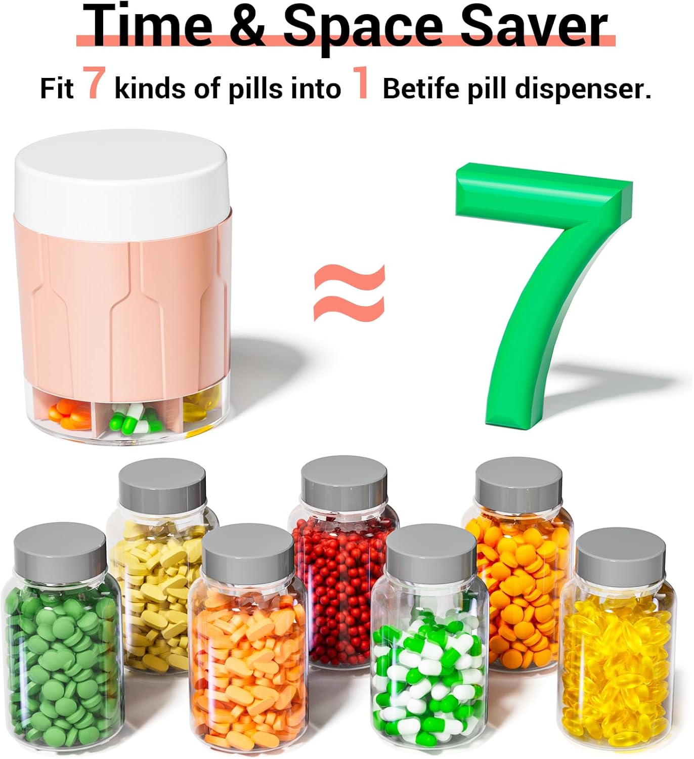 Betife Extra Large Supplement Organizer,Weekly Pill Organizer Bottle, Daily Pill Dispenser with 7 Large Compartments, Organizer to Hold 7 Day Vitamin Medication,21 Labels and a Cleaning Brush(Pink)