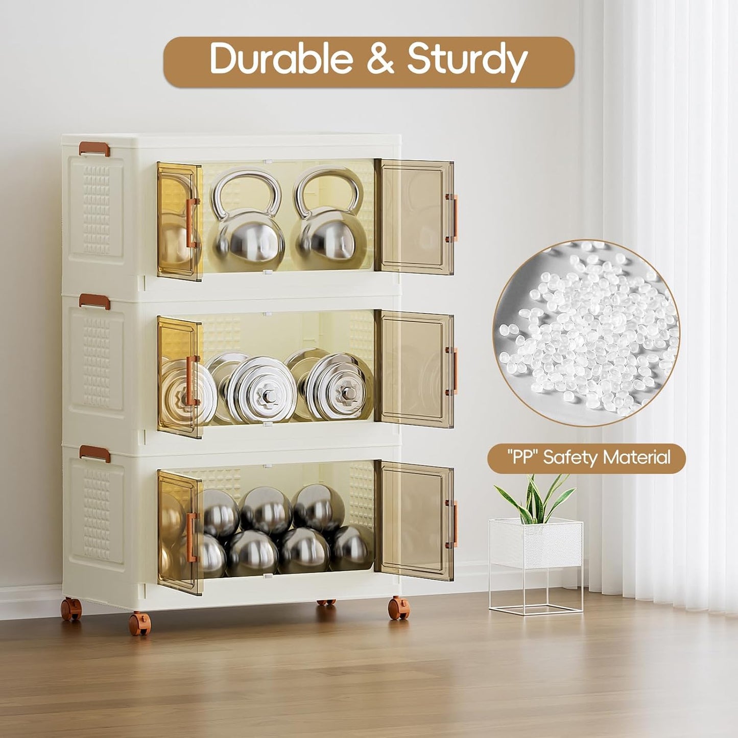 JEKO&JEKO 324 Qt Extra Large Plastic Storage Cabinets with Lids, Front Doors & Wheels, 3-Pack Stackable Collapsible Storage Bins for Bedroom, Home & Closet Organization, Cream