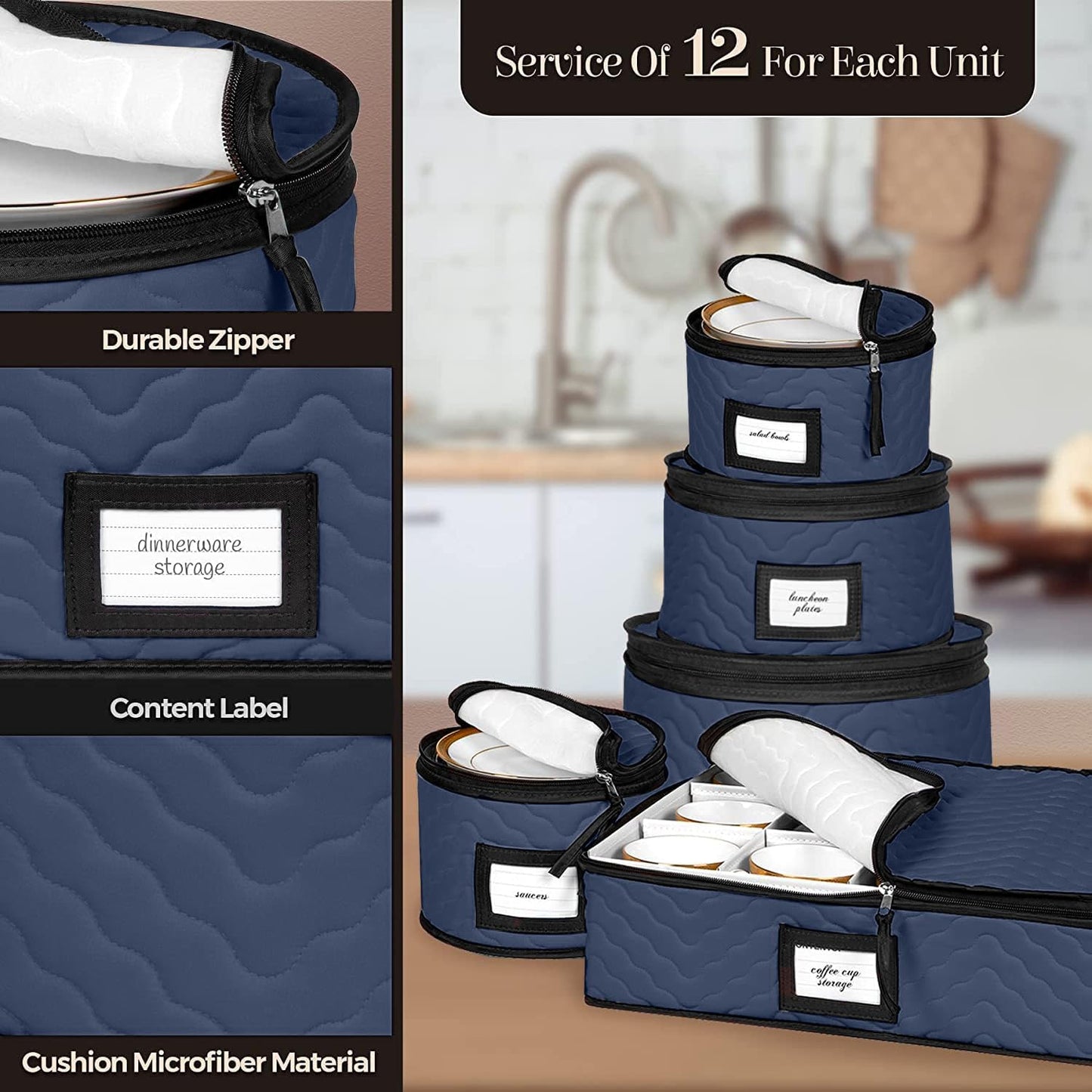 China Storage Containers 5-Piece Set Moving Boxes for Dinnerware, Glasses, Plates, Mugs and Saucers Sturdy Quilted Microfiber Dish Organizer with Dividers for Seasonal Storage - Holds Set of 12, blue