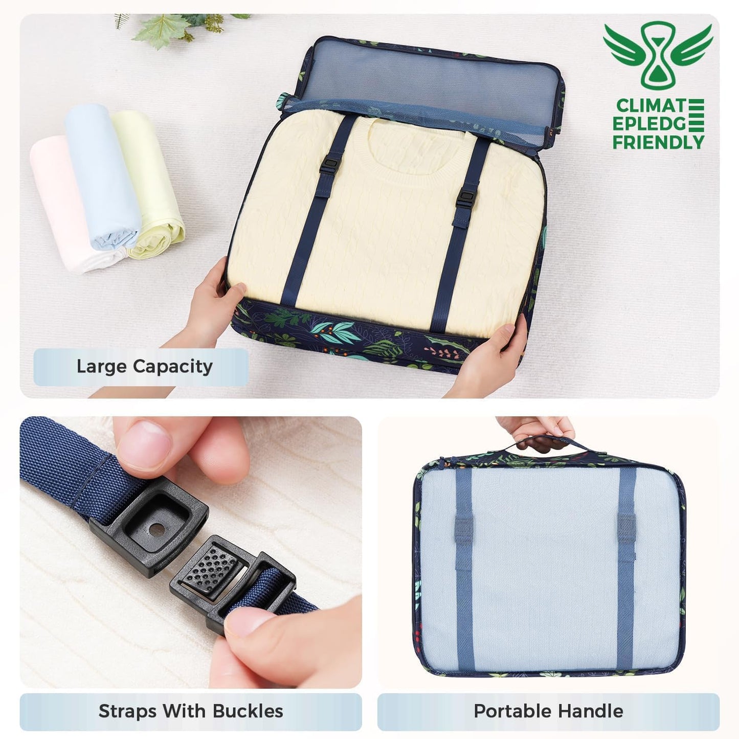 BAGAIL 8 Set Packing Cubes Luggage Packing Organizer Bags for Travel Accessories-Navy Leaf