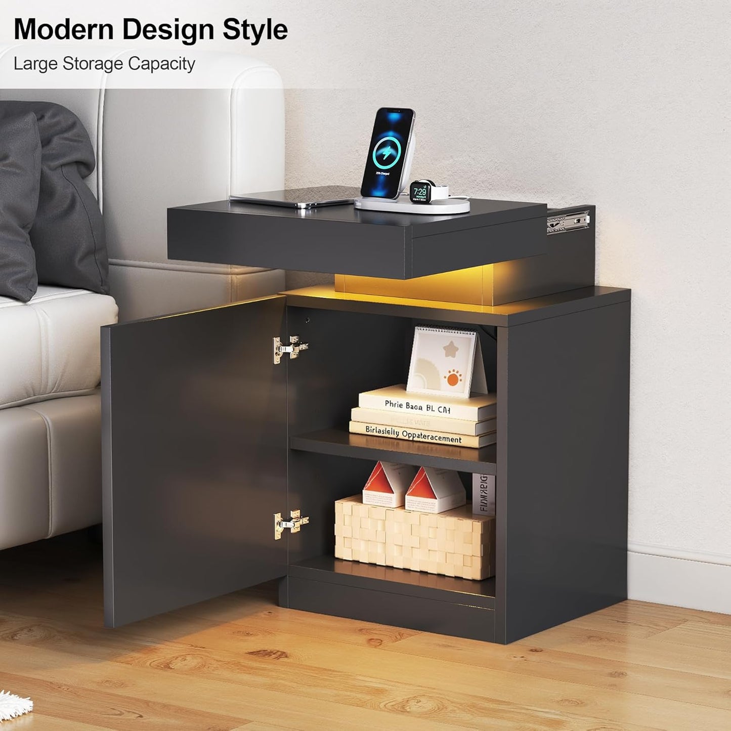 MXV Nightstand with LED Lights & Charging Station, Black Bedside Tables with USB Ports, Storage Cabinet & Drawers for Bedroom, Modern End Tables for Living Room (Black, 17.7,Set of 2)