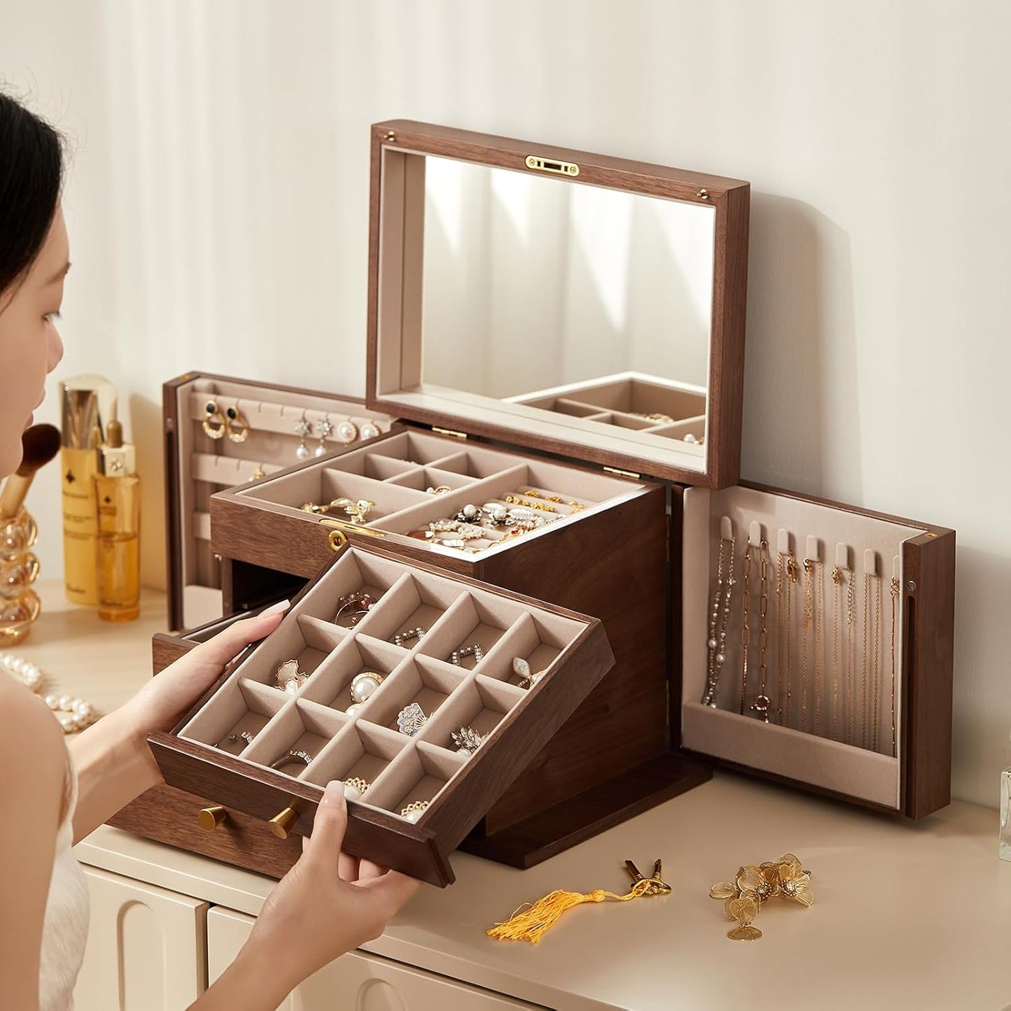 Black Walnut Wooden Jewelry Box, Wood Jewelry Organizer with 2 Side Doors Mirror Lockable Classical Style for Watch Necklace Ring Earring Storage Christmas Gifts-4 Layer
