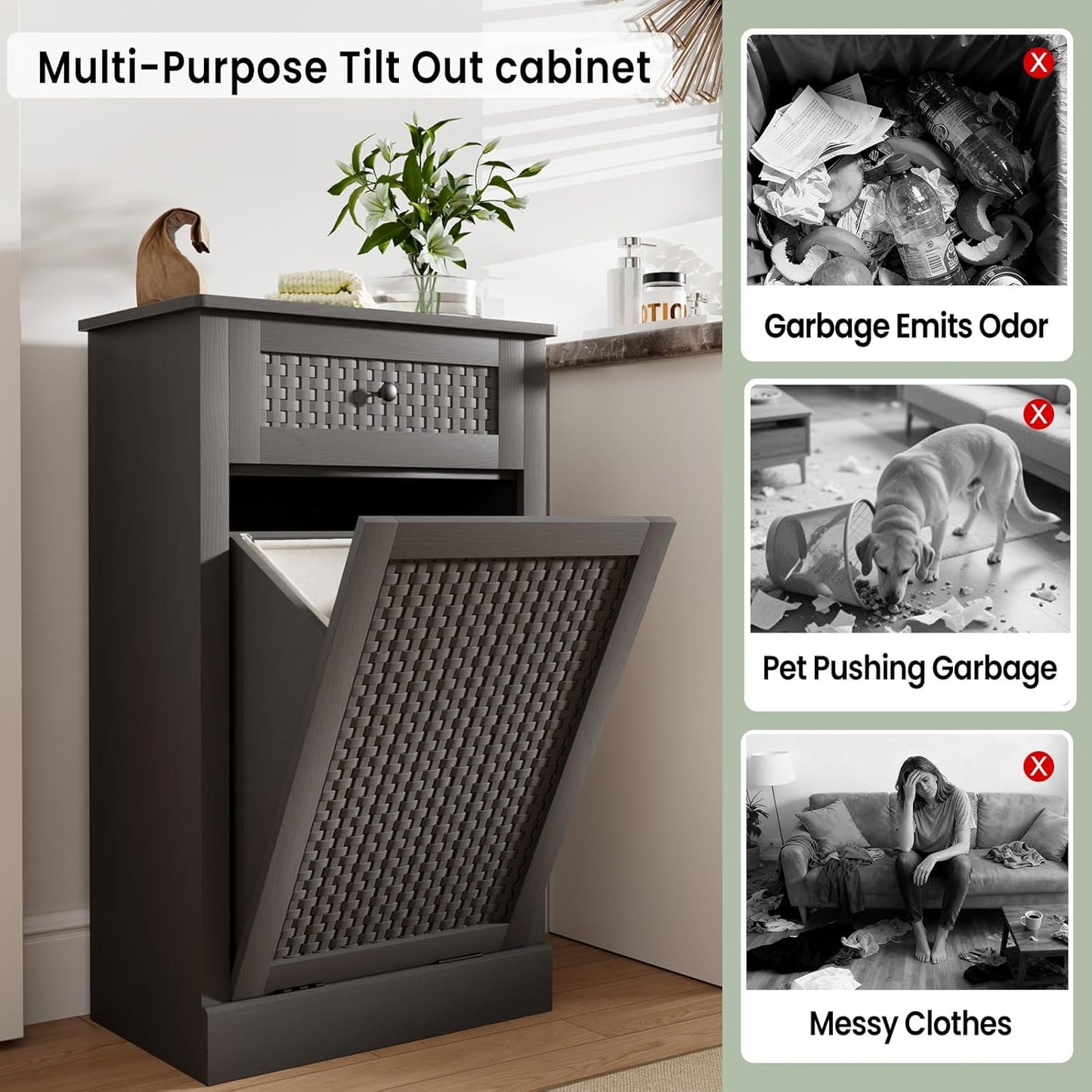 Tilt Out Laundry Hamper Cabinet,10 Gallon Laundry Cabinet with Drawers & Hidden Baskets, Farmhouse Laundry Storage Basket for Laundry Room, Bathroom, Kitchen,Gray