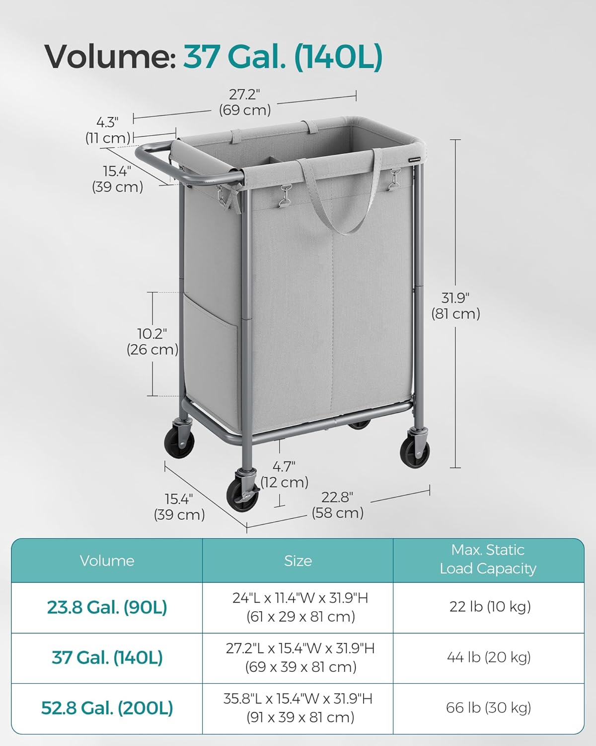 SONGMICS Laundry Basket with Wheels, 2-Section Rolling Laundry Hamper, 37 Gallons (140 L), Removable Liner, Steel Frame with Handle, 27.2 x 15.4 x 31.9 Inches, Dove Gray URLS004G01