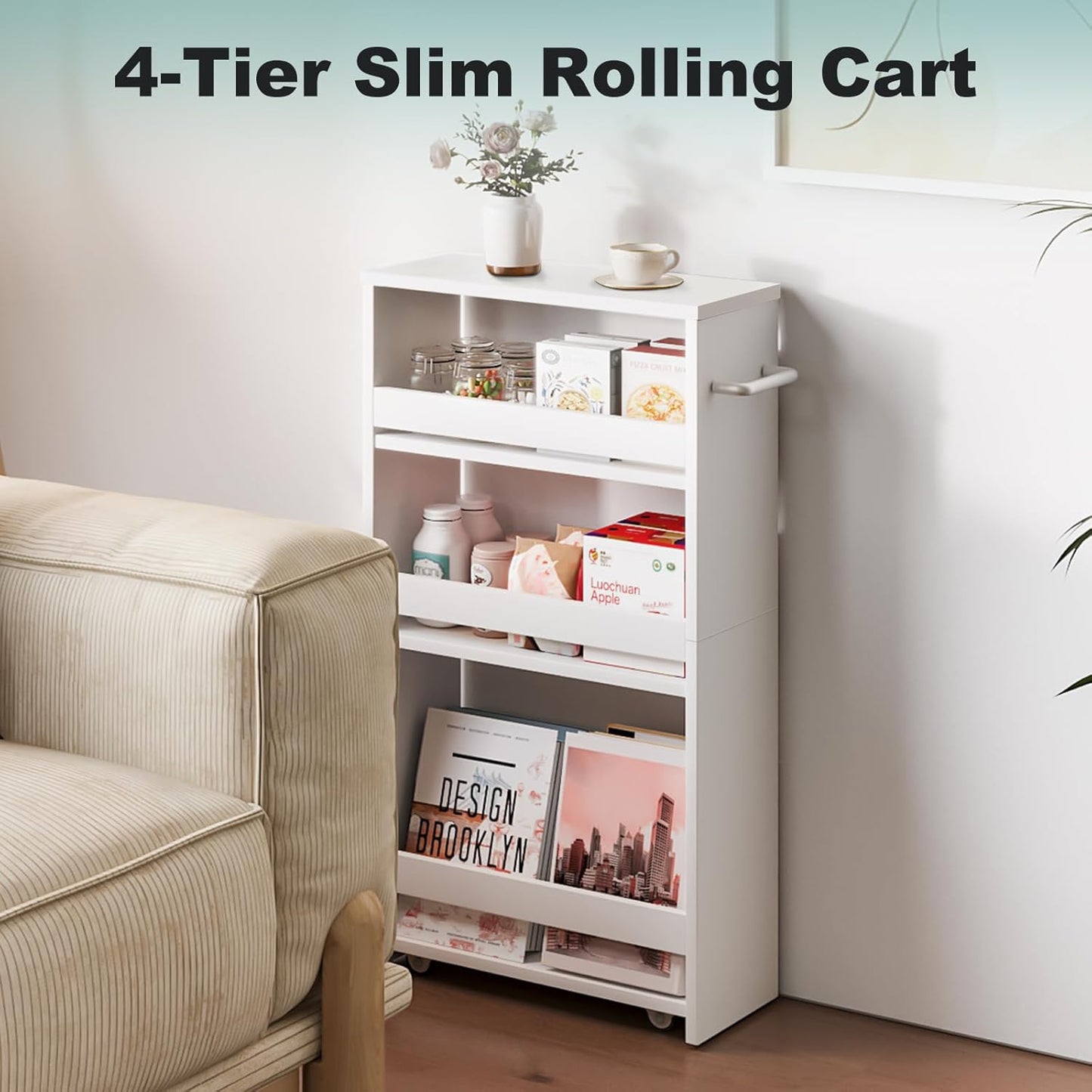 MARTY White Slim Storage Cart with Wheels, 4 Tier Rolling Utility Cart with Handle Slide Out Shelving Unit Organizer Trolley for Laundry Kitchen Bathroom Narrow Places Small Corner