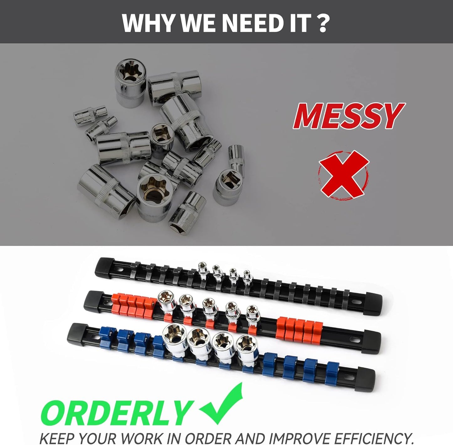 Socket Organizer Drive ABS Tools - Black Socket Holder, Premium Quality 6 Pieces Socket Holders Kit 1/4-Inch x 32 Clips, 3/8-Inch x 30 Clips, 1/2-Inch x 24 Clips(6PC,Black)