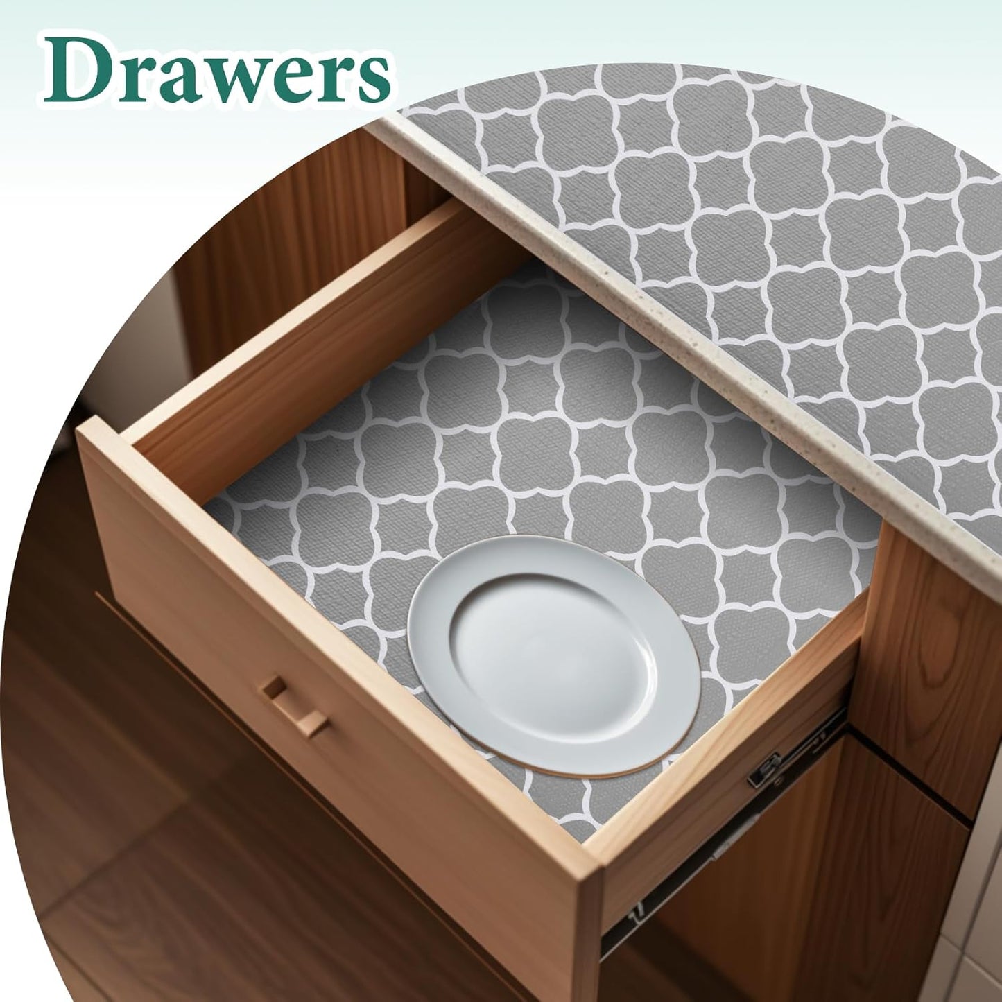 Shelf Liners for Kitchen Cabinets 12in x 30FT Non Adhesive Drawer Liner Gray Quatrefoil Thickened Shelf Liner Paper Strong Non-Slip Easy to Clean for Tool Box Refrigerator with Knife and Tape Measure