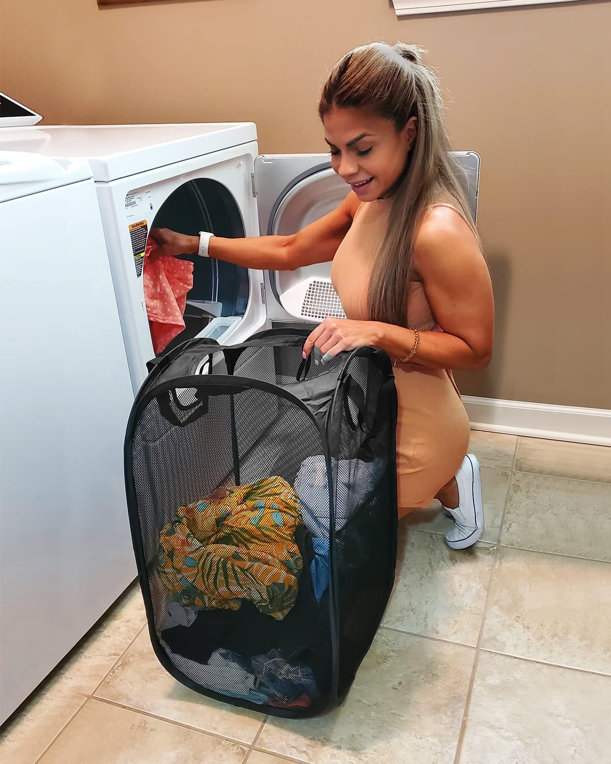2 Pcs Strong Mesh Pop-up Laundry Hamper, Quality Pop Up Hampers for Laundry with Durable Handles Solid Bottom High Carbon Steel Frame, Easy to Open and Fold Flat for Storage(Black)