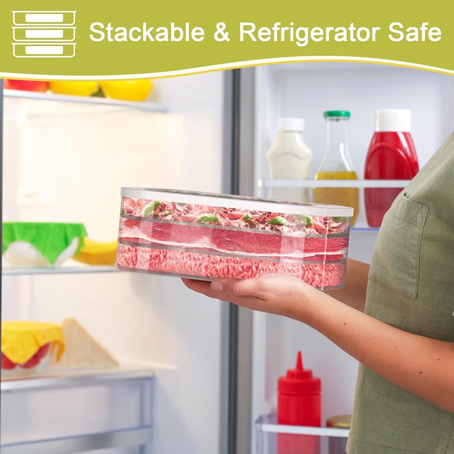 Stackable Deli Meat Container with Drainage Groove and Silicone Lid, Clear Refrigerator Storage Containers for Lunch Meats, Cold Cuts, Bacon, Cheese, BPA Free - 1 Layer