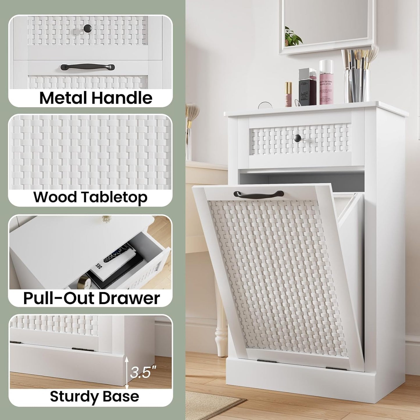 Tilt Out Laundry Hamper Cabinet,10 Gallon Laundry Cabinet with Drawers & Hidden Baskets, Farmhouse Laundry Storage Basket for Laundry Room, Bathroom, Kitchen, White
