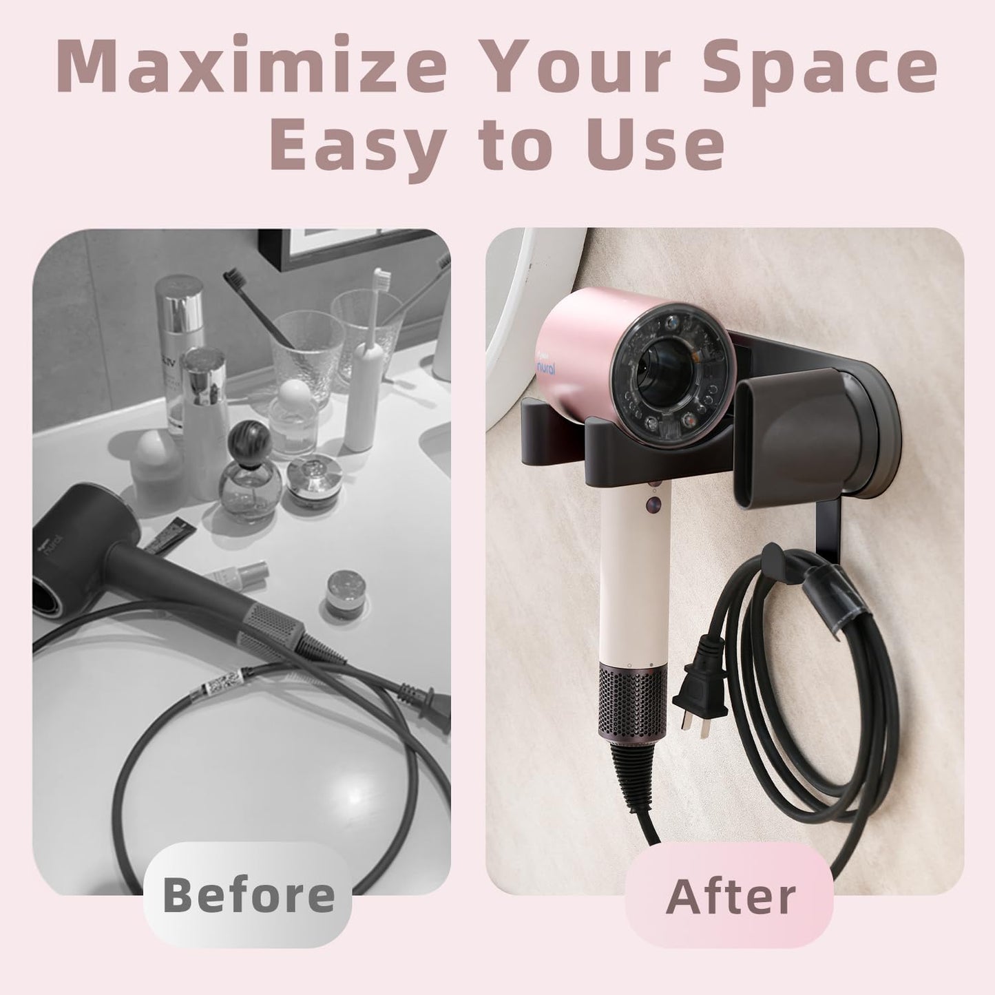 Hairdryer Holder Wall Mounted, Hair Dryer Mount Compatible with Dyson, Magnetic Hair Dryer Hook Adhesive Aluminum Alloy Blow Dryer Wall Mount for Bathroom Black No-Drill/Screw Installation UEMUSI