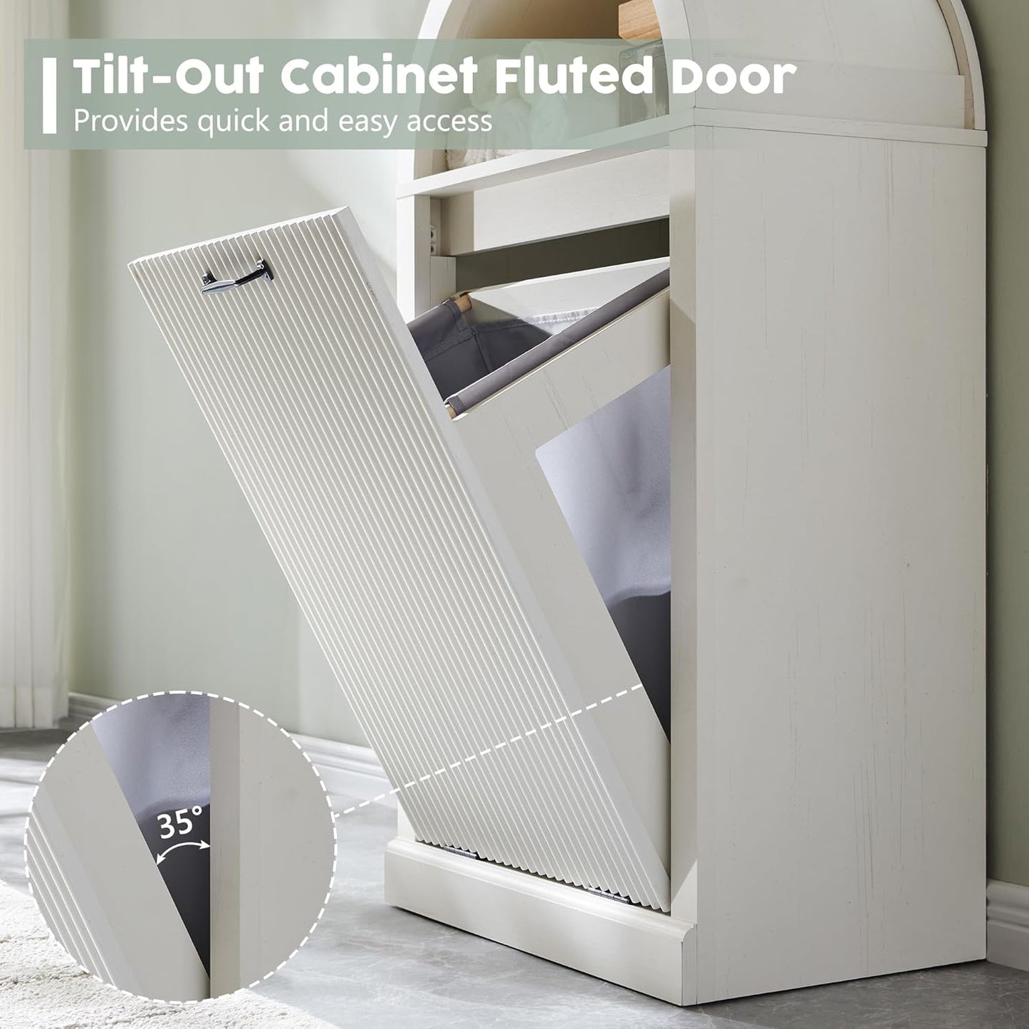 Arched Tilt-Out Trash Can Cabinet, Fluted 10 Gallon Trash Cabinet Set of 2, Modern Laundry Hamper, Hidden Garbage Can with Storage Basket for Kitchen, Living Room, White