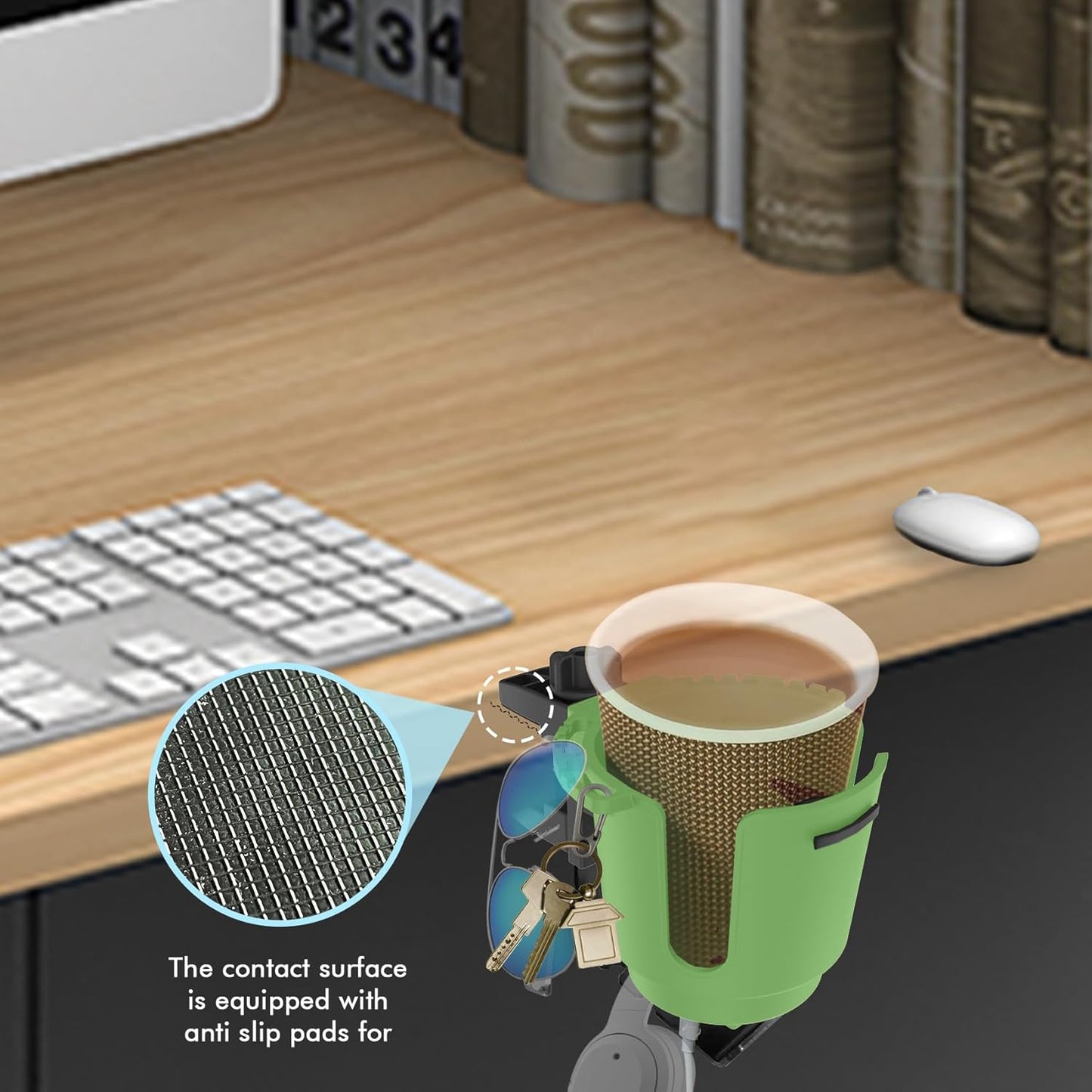 2-in-1 Upgraded Desk Cup Holder, Anti-Spill Table Cup Holder for Water Bottles, Wheelchairs, Workstations, Gaming Desk Accessories. (Green, Large)