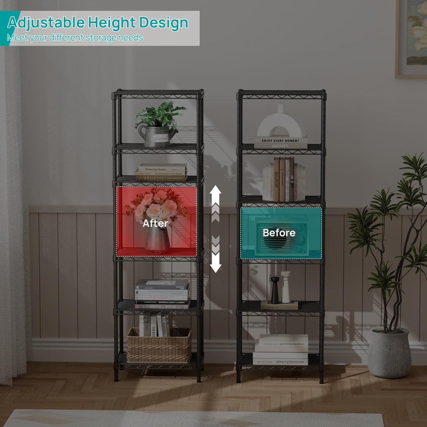 SINGAYE 6 Shelves Bathroom Organizers and Storage Shelf Wire Closet Metal Pantry Kitchen Small Garage Shelving Unit Laundry Room Organization Home Tall Rack Balck 10" D x 16" W x 60”H
