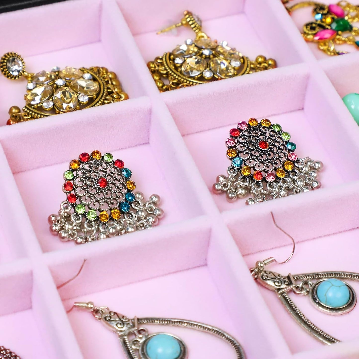 Stratalife Earring Organizer Velvet Jewelry Organizer Box Jewelry Display Storage Tray Ring Case with Clasp for Women 24 Grid (Pink Black)
