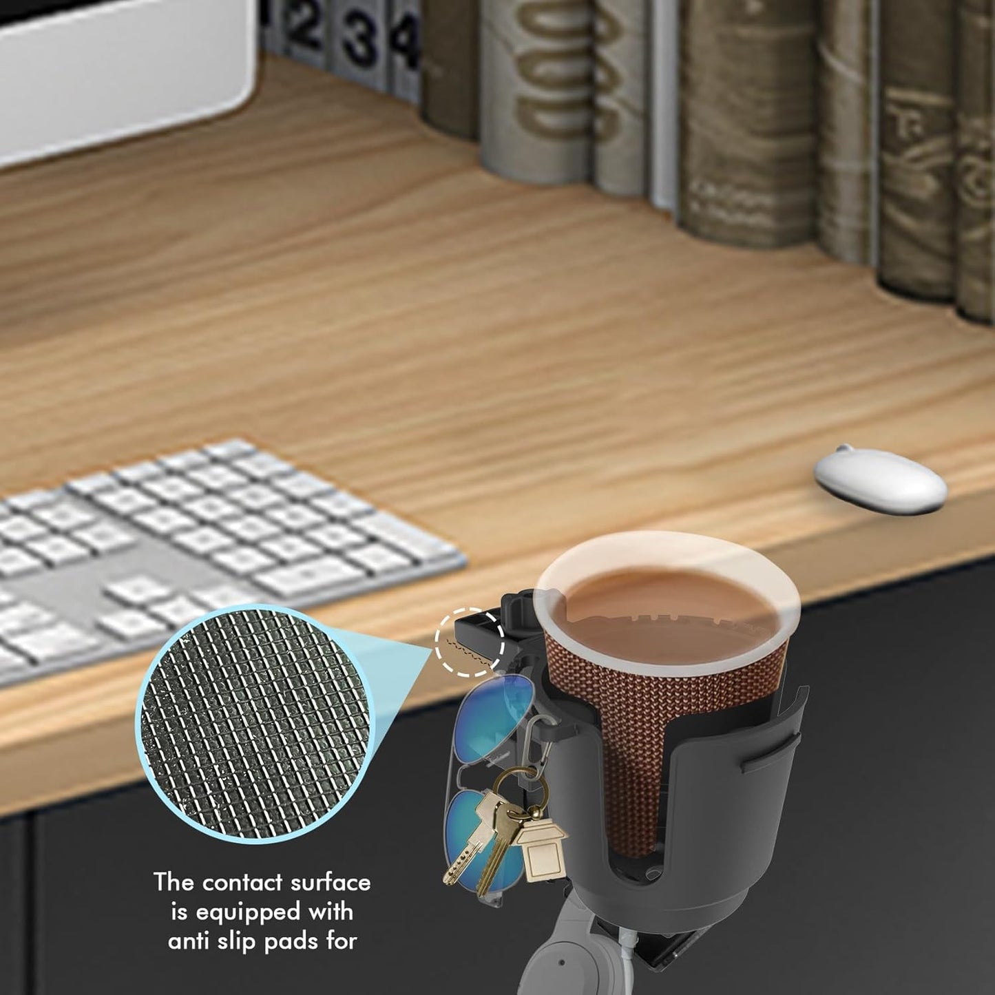 Desk Cup Holder, Anti-Spill Table Cup Holder for Water Bottles, Wheelchairs, Workstations, Gaming Desk Accessories. (Black, Medium)