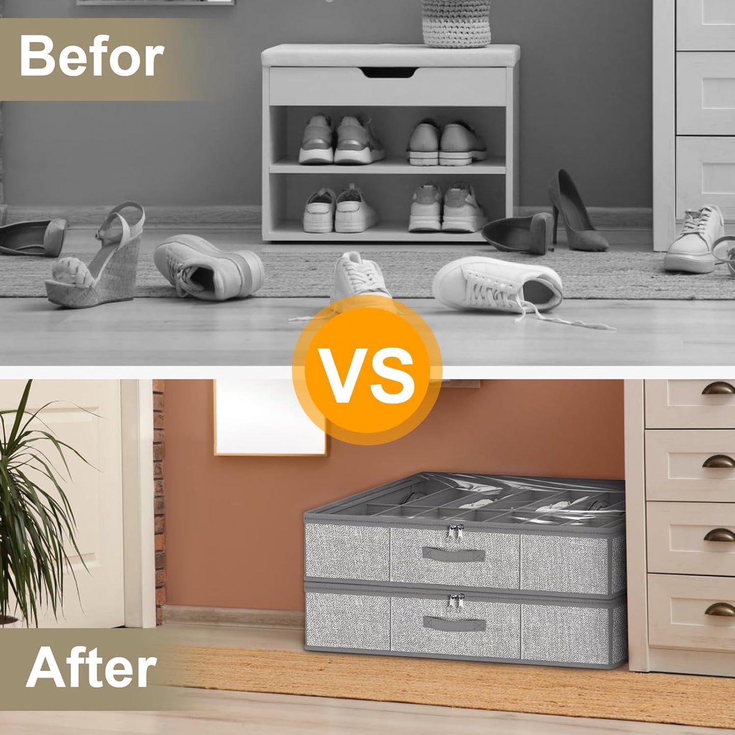 homyfort 32 Pairs Shoe Organizer Under Bed, Underbed Shoe Storage Boxes Bins, Organizador De Zapatos, Extra Large Zapateras Organizer, Grey, Set of 2