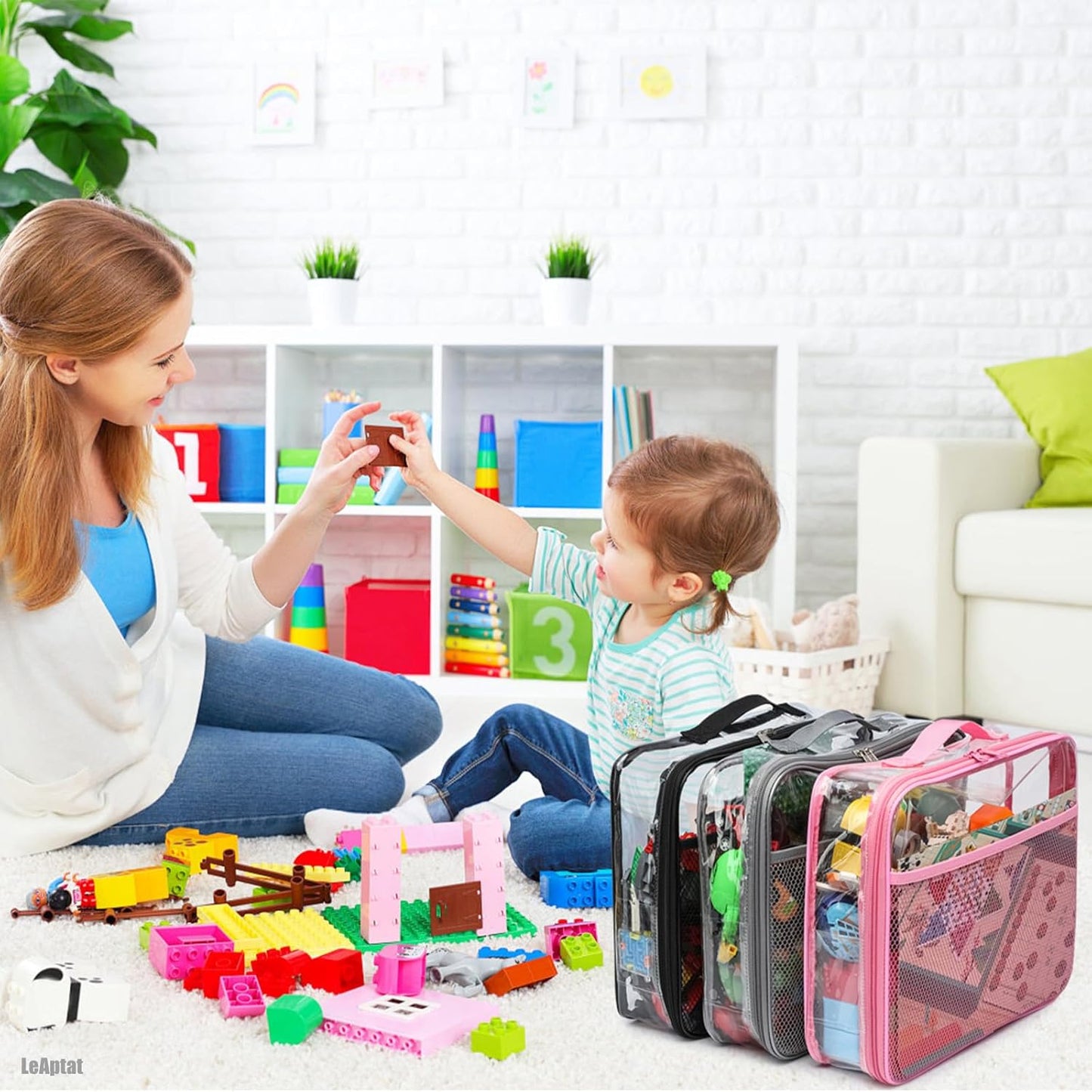 4 Pack Clear PVC Zippered Toy Storage Bags for Toy, Kids Toy, Building Blocks, Puzzle, Clay, Board Game Storage Organizer Travel Waterproof Toy Bag With Name Tag Pocket (Pink, L & S)