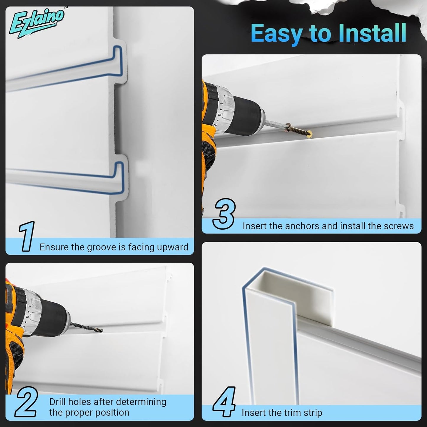 Ezlaino Slat Wall 4 FT x 8 FT, PVC Slat Wall Paneling, Upgraded & Thickened for Long-Lasting Durability, Easy to Install, Compatible with Most Hooks, Ideal for Garage Storage & Decoration, White