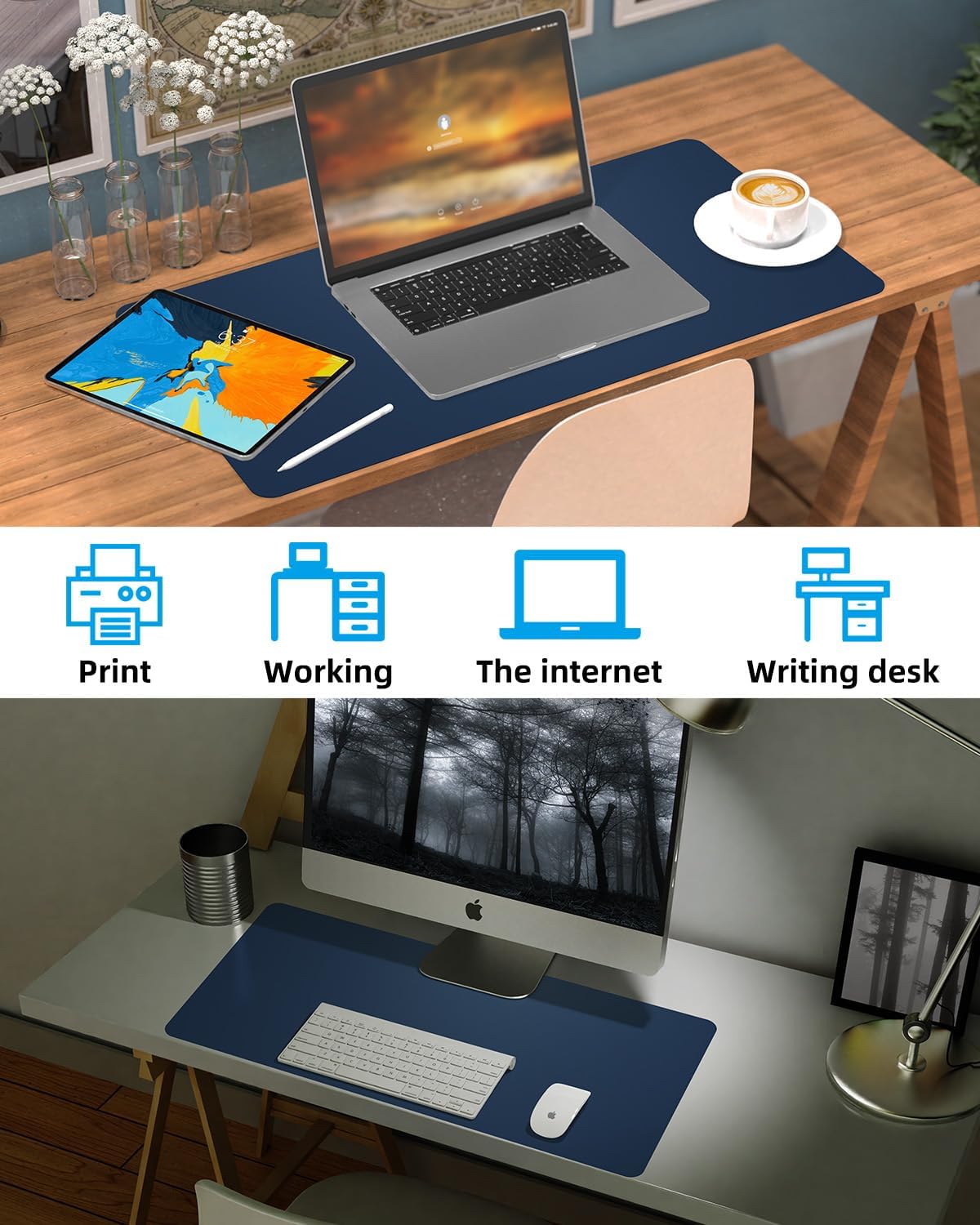 Leather Desk Protector, Non-Slip PU Laptop Mat for Office/Home - Waterproof Writing Pad (31.5"x15.7", Midnight Blue)
