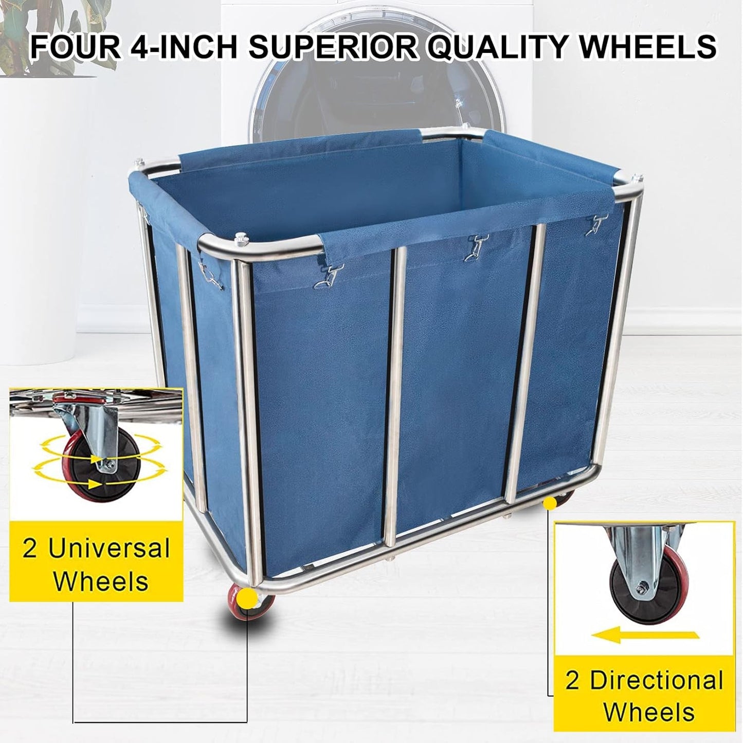 Laundry Cart Commercial,11.35 Bushel (400L) Large Industrial Rolling Laundry Hamper with 4 Inch Wheels,Home Heavy Duty Laundry Baskets with Stainless Steel Frame, 286 LBS Load,10 Support Tubes