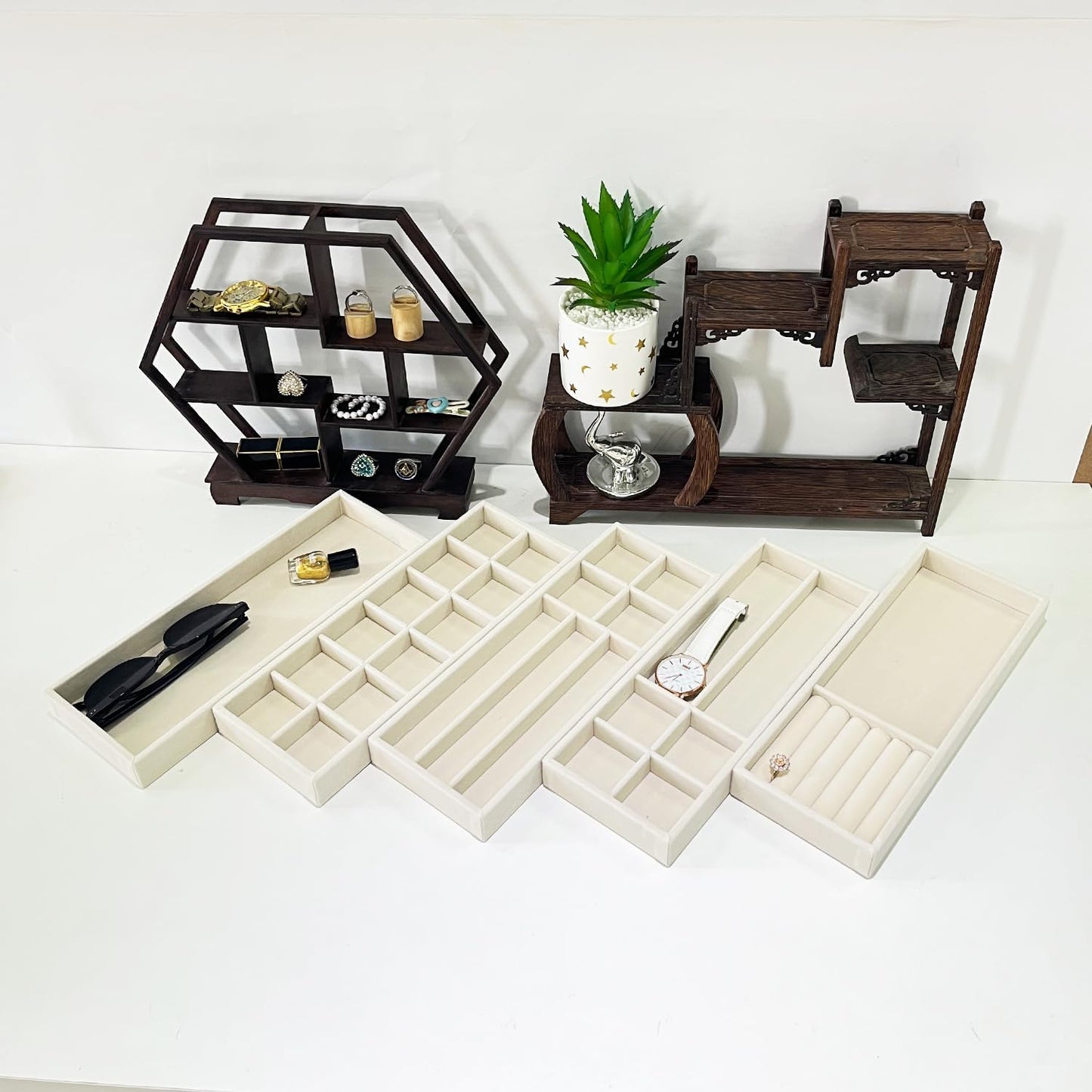 Divided Drawer Organizer Tray, Velvet Jewelry Storage Tray, Necklace Bracelet Ring Earring Display Tray,Bedside Nightstand Desk Holder Tray for Phone Watch Sunglasses Cosmetics Storage/Beige/2grid