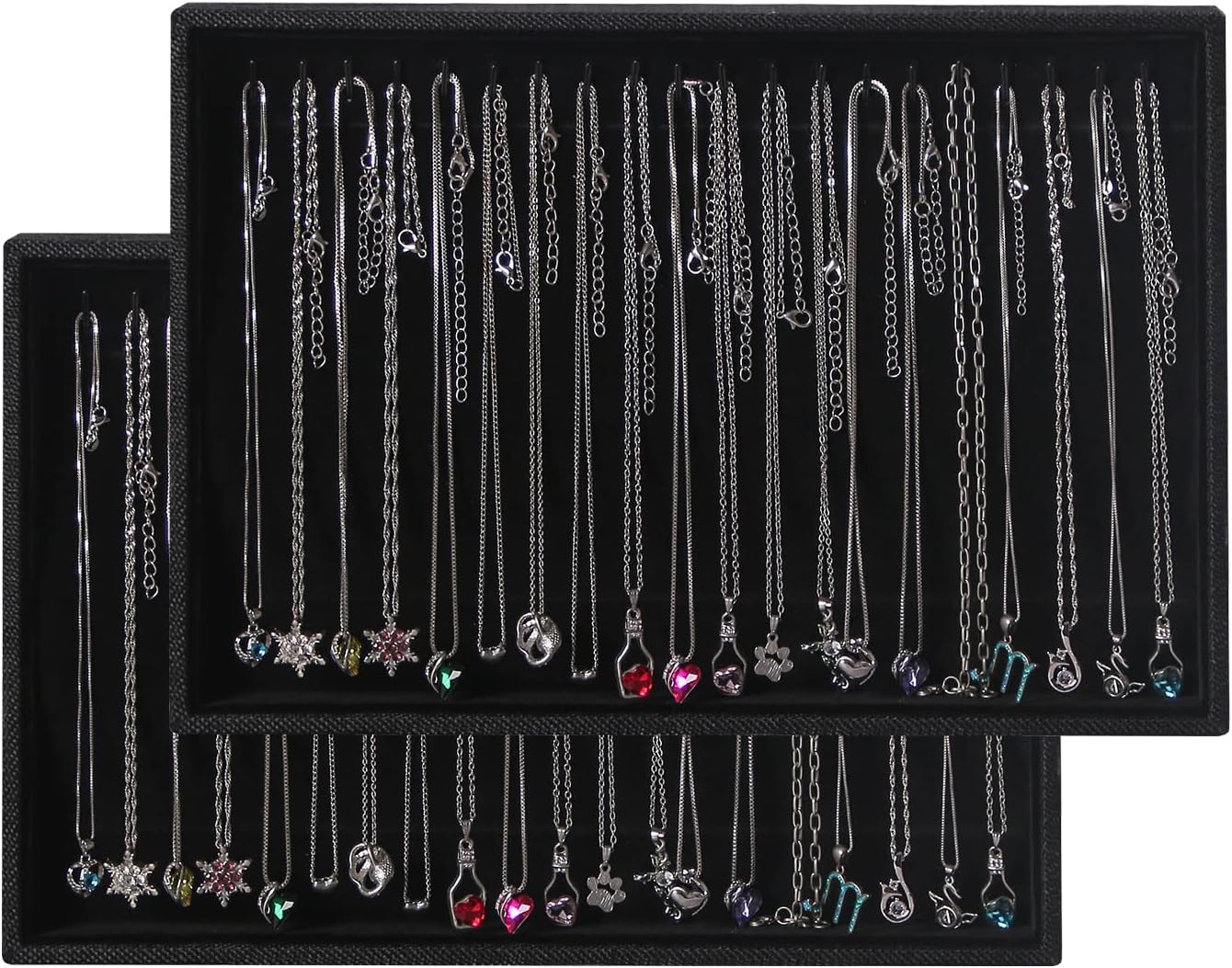 Julysky 2 Pcs/set Stackable Jewelry Organizer Trays,Necklace Tray+Necklace Tray, Jewelry Displays for Selling,Black