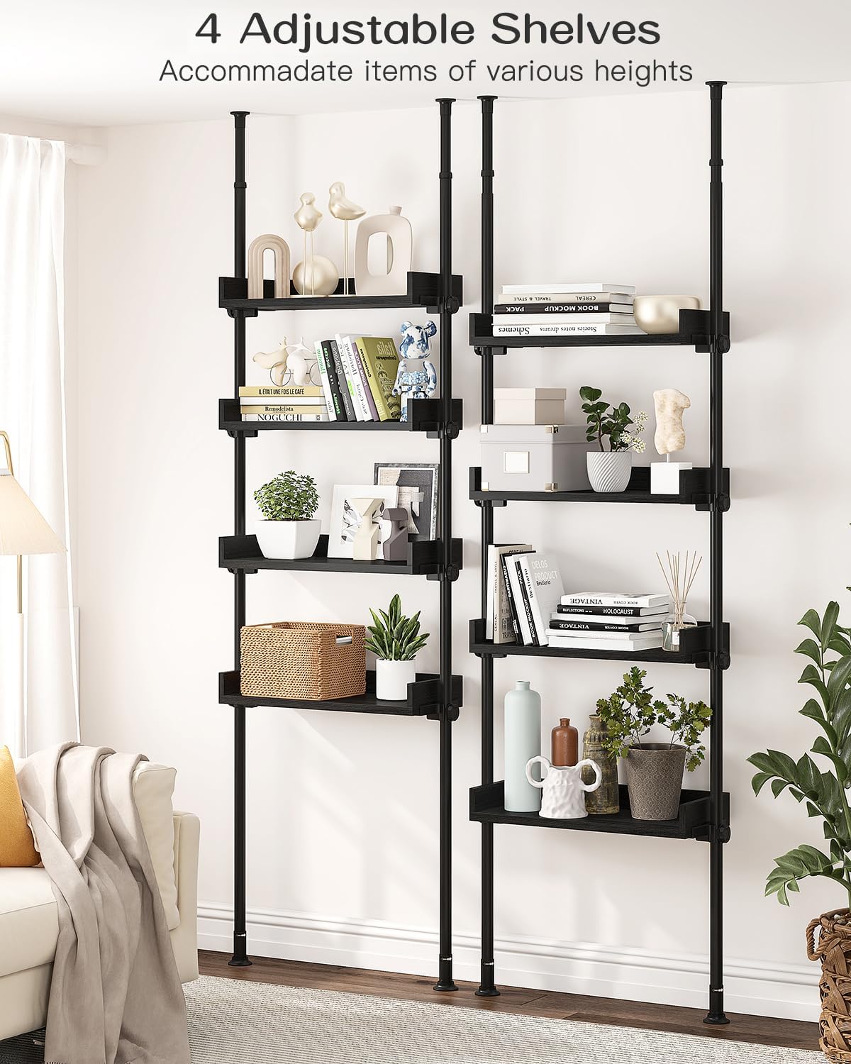 ALLZONE 4 Tier Over The Toilet Storage, Adjustable Wood Over Toilet Bathroom Organizer, Freestanding Shelves, Fit Most Showers Over The Toilet Shelf, 92 to 116 Inch Tall, Black